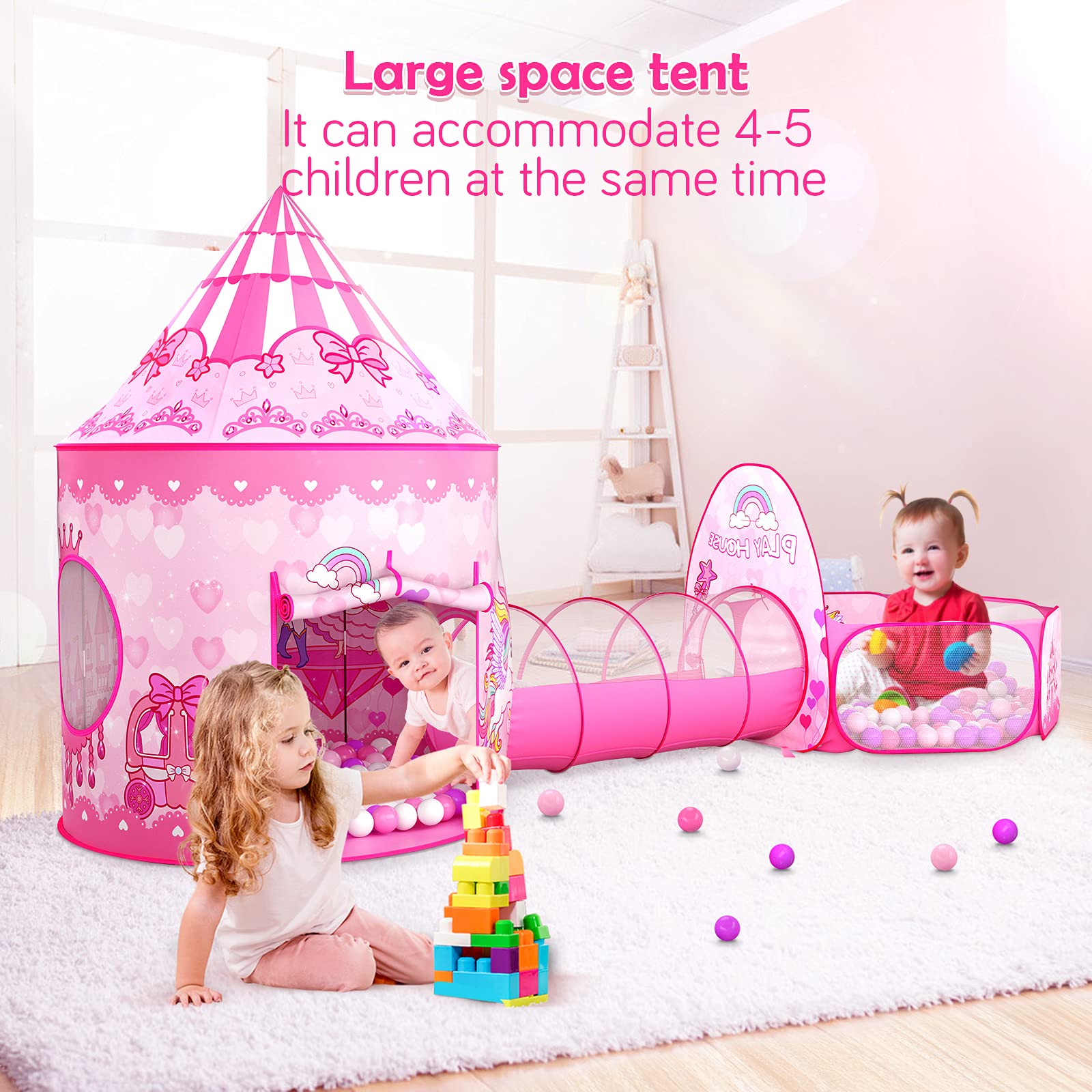 GeerWest 3PC Dinosaur Tent for Girls with Kids Ball Pit, Kids Play Tents and Crawl Tunnel for Toddlers, Pink Pop Up Playhouse Toys for Baby Indoor& Outdoor Tent Games, Birthday Kid’s Gifts