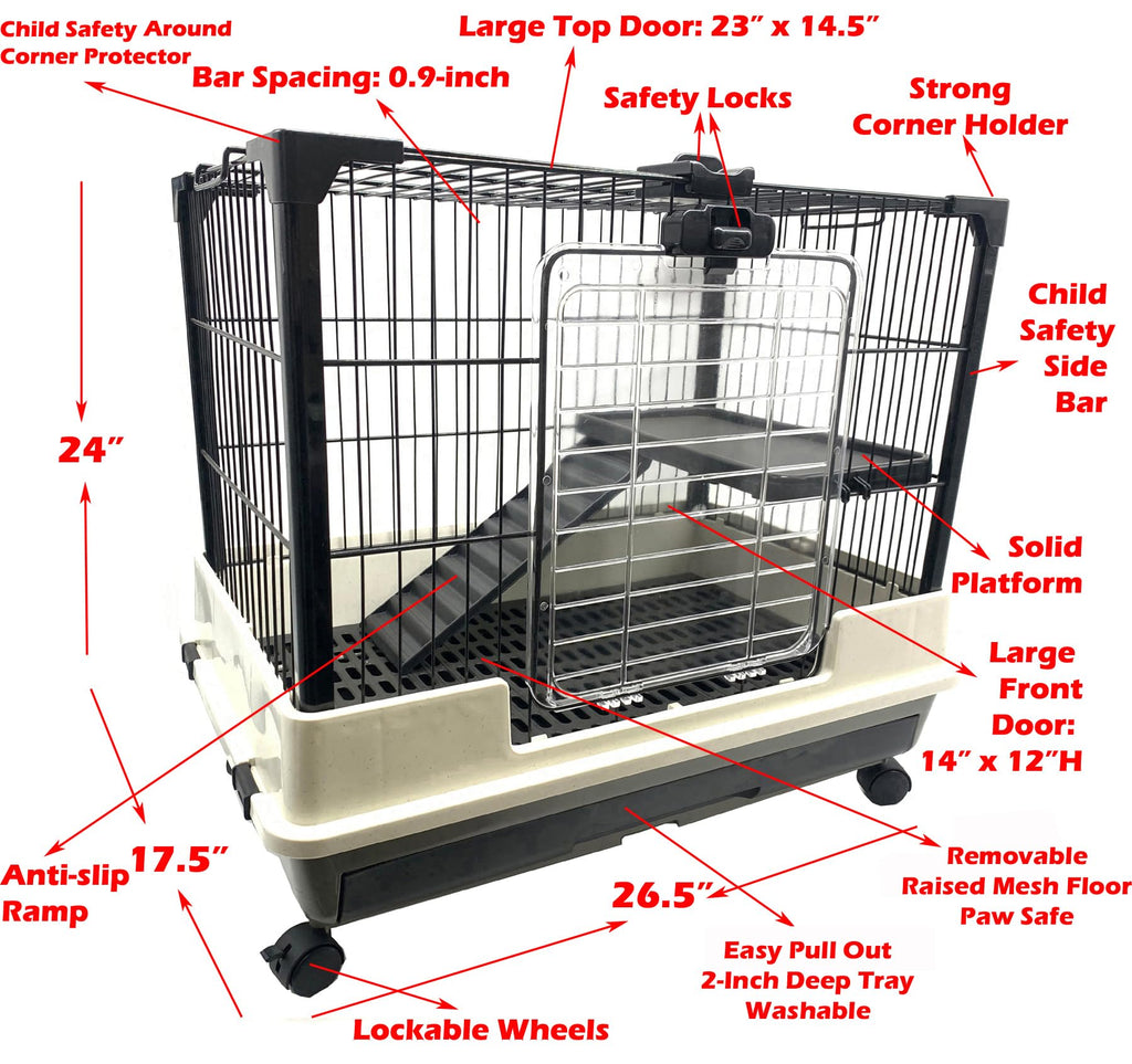 Deluxe 2-Level in/Outdoor Rabbit Hutch Cage for Ferret Squirrel Chinchilla Paw Safe Solid Platform Ramp Mesh Floor Pull Out Leakproof Easy Clean 2-Inch Deep Tray Large Access Doors Lockable Casters