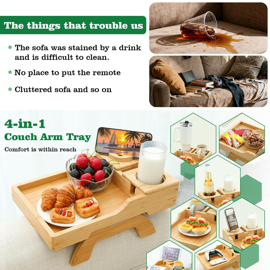 GHKINMAL Couch Cup Holder Tray, 15.4"x9.9" Large 4 in 1 Couch Arm Tray with 360°Rotated Phone Holder, Non-Slip Clip on Side Table for Drinks/Remote/Snacks, Ideal Gift for Husband, Wife, Parents