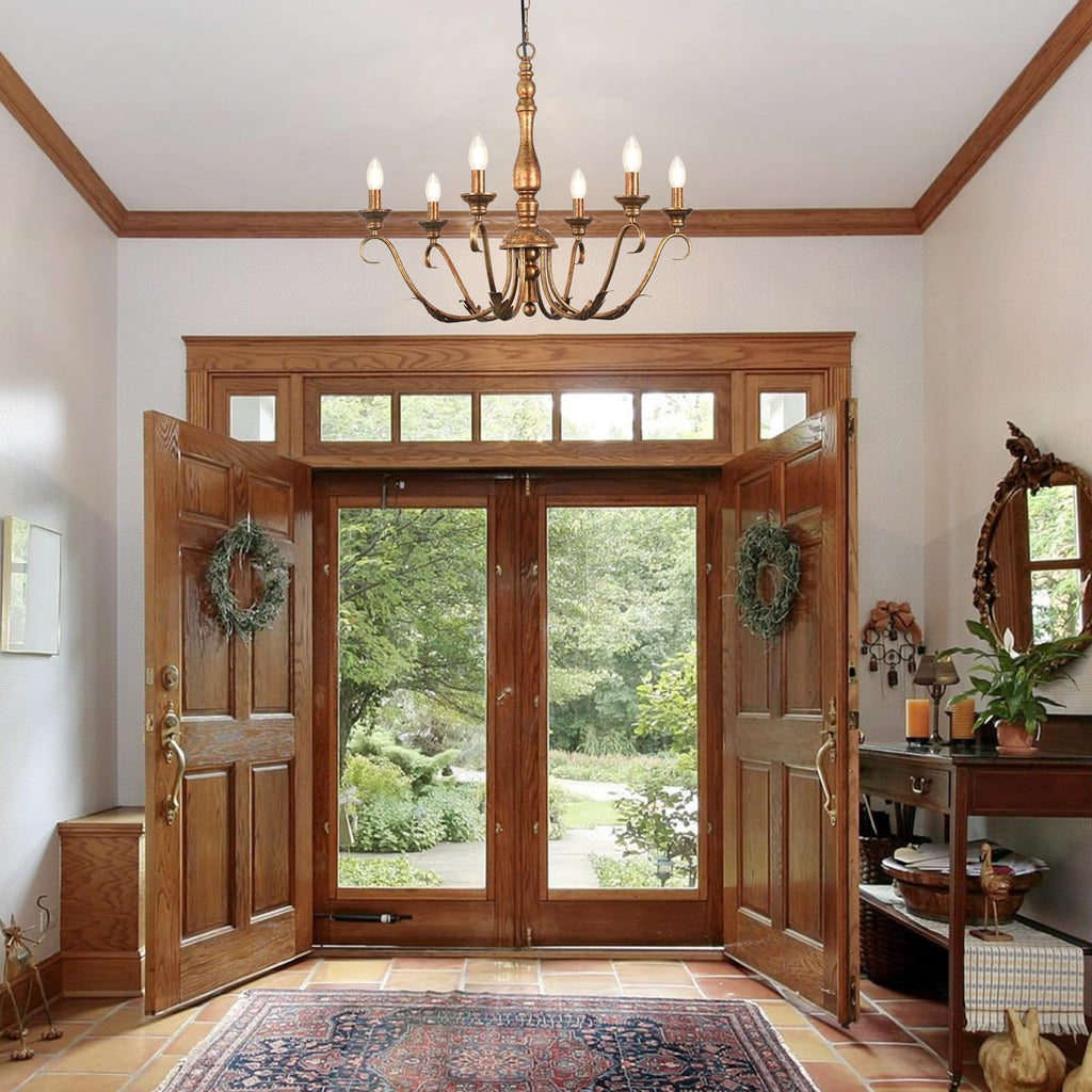 6-Light Farmhouse Chandeliers for Dining Room, 23.62'' Vintage Brass Gold Chandelier, Adjustable Rustic Metal Hanging Pendant Light Fixture for Kitchen Island Entryway Foyer Bedroom Hallway