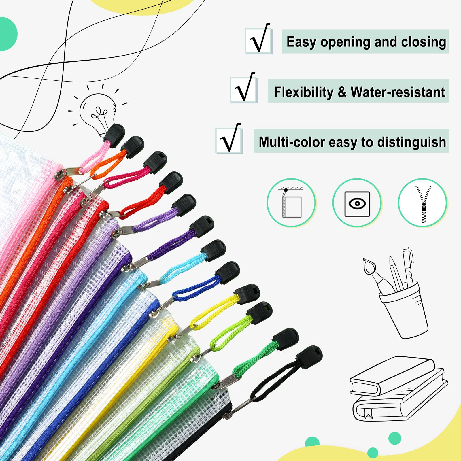 EOOUT 24pcs Mesh Zipper Pouch Bags A3 Extra Large Document Bag with Label Pocket, 16.9x12 Inches, Plastic Zip File Folders, Puzzles, Board Game Storage for Organizing Office Home