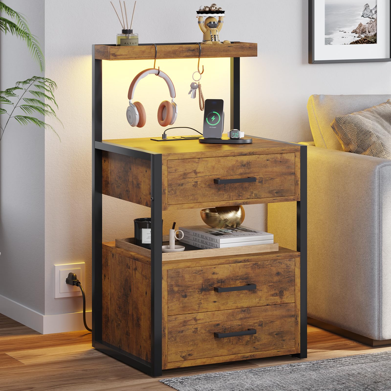 VIAGDO Led Nightstand with Charging Station, 3 Drawers Night Stands with Led Lights, Black Bedside Tables with Storage Shelves, Modern End Side Tables for Bedroom, Office