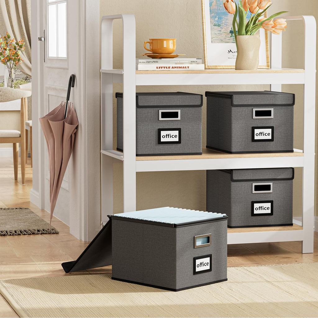 File Organizer Box with Lid, Collapsible Faux Leather Hanging File Folder Box Organizer with Plastic Slides, Decorative Home/Office Filing System Boxes for File and Folders Storage