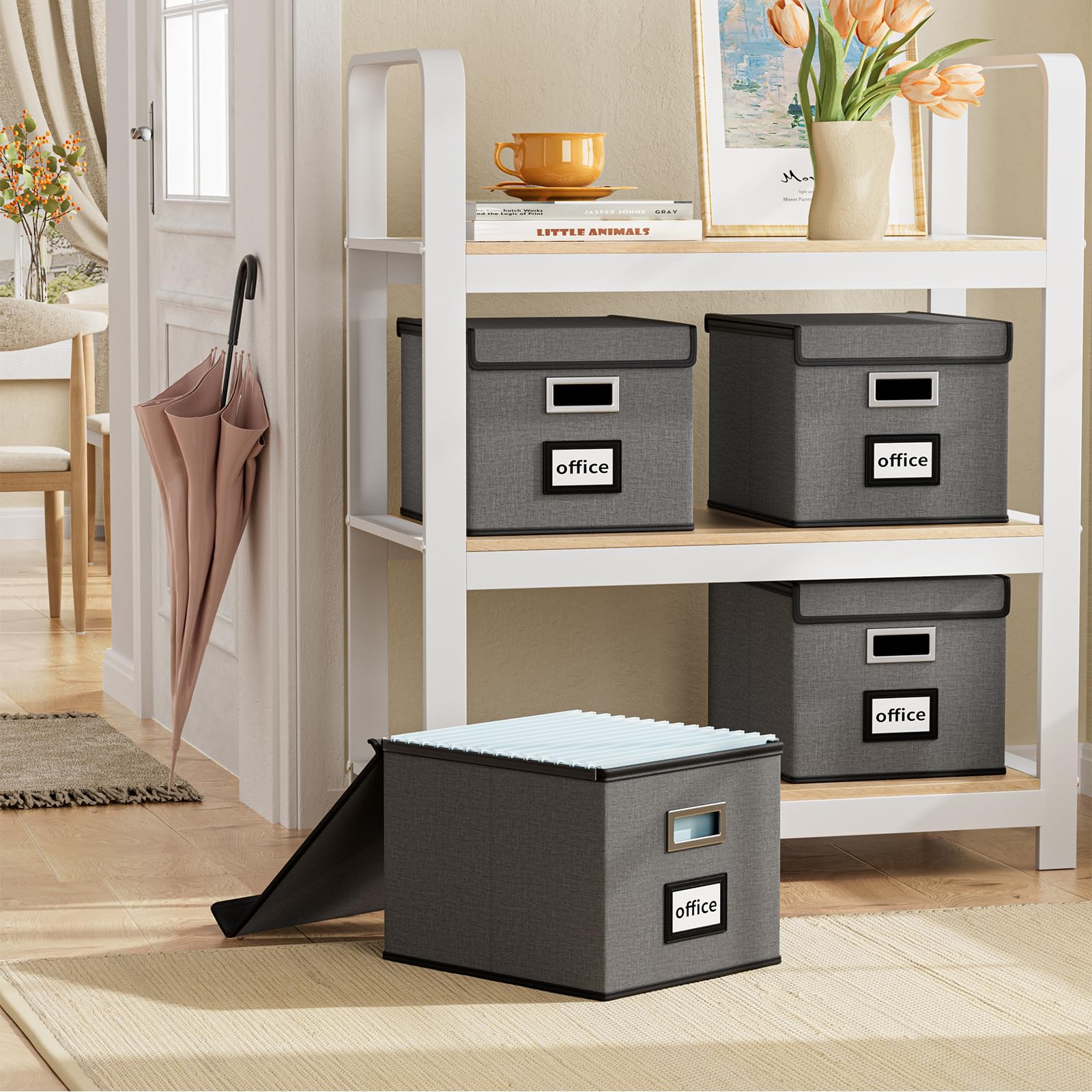 File Organizer Box with Lid, Collapsible Faux Leather Hanging File Folder Box Organizer with Plastic Slides, Decorative Home/Office Filing System Boxes for File and Folders Storage