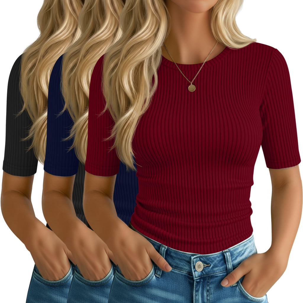 Riyiper 3 Pack Women's Elbow Length Tops, Half Sleeve Ribbed Cotton T Shirt Crew Neck Summer Tee Slim Fit Casual Blouses