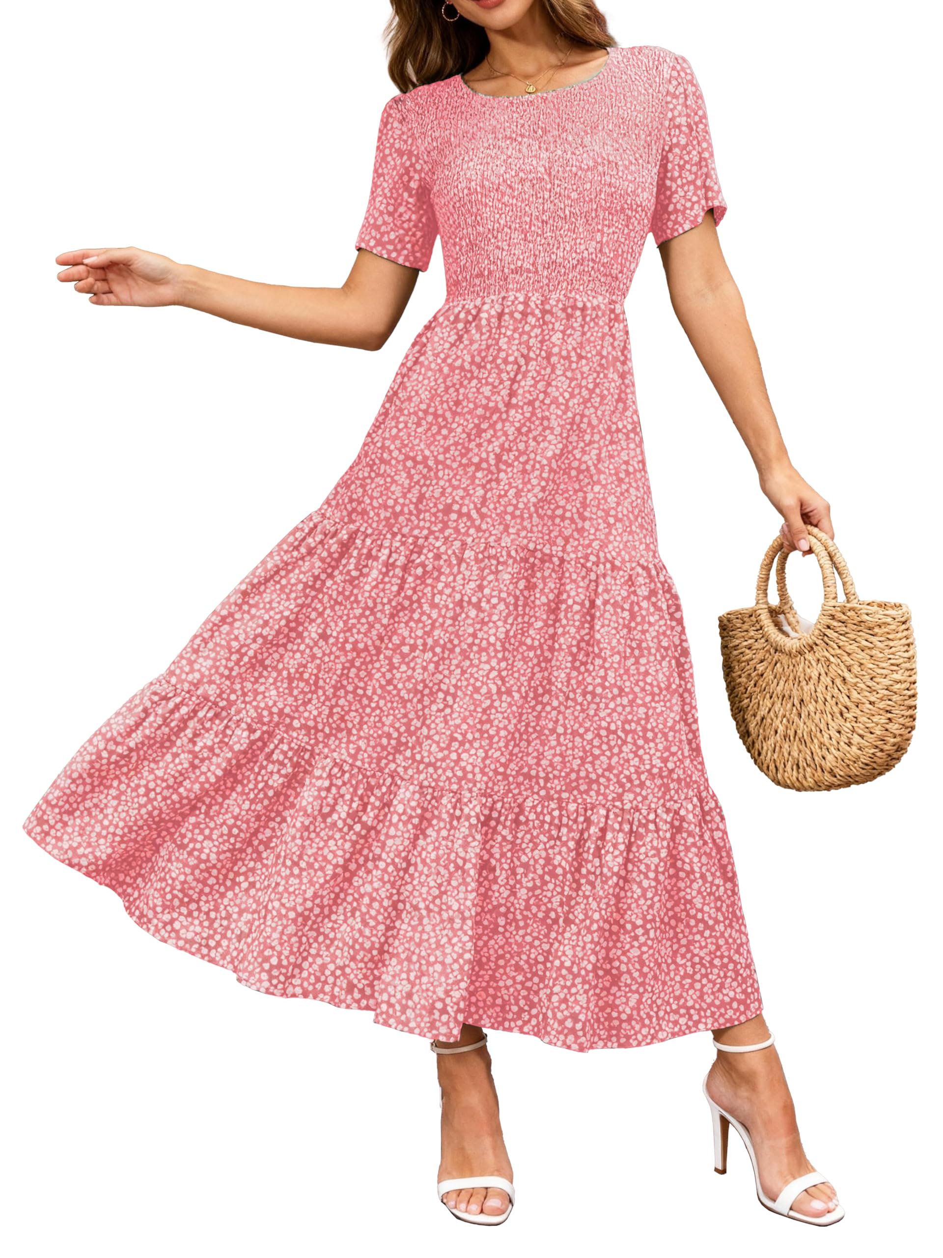 BTFBM Women Casual Short Sleeve Crew Neck Summer Dress Bohemian Floral Printed Flowy Maxi Dresses Tiered Cocktail Dress