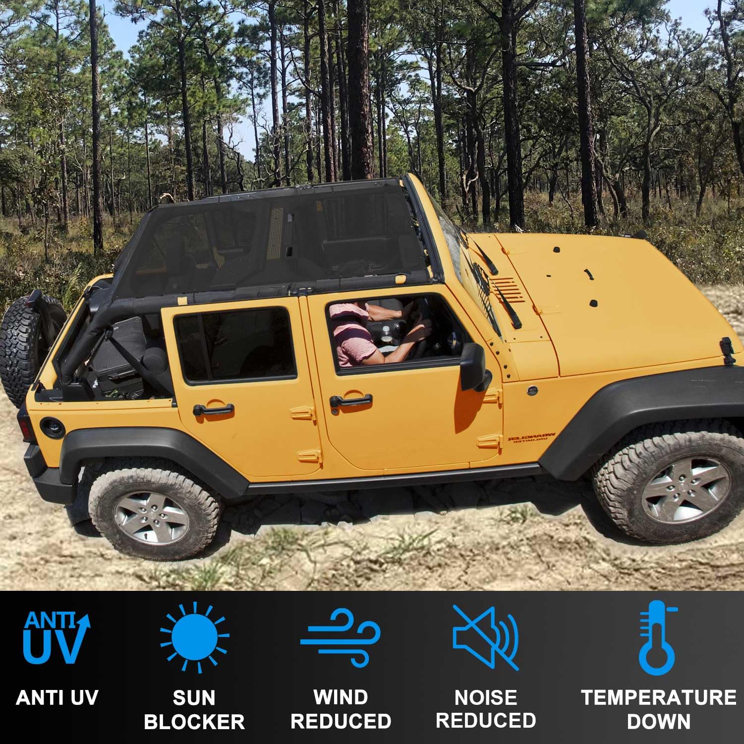 JT Top Sun Shade Roof Compatible with Jeep Gladiator 4 Door 2018 to 2023 Sunshade Sunroof Bikini Cover Blocks UV Wind Noise Black Mesh for Front and Rear 2 pcs