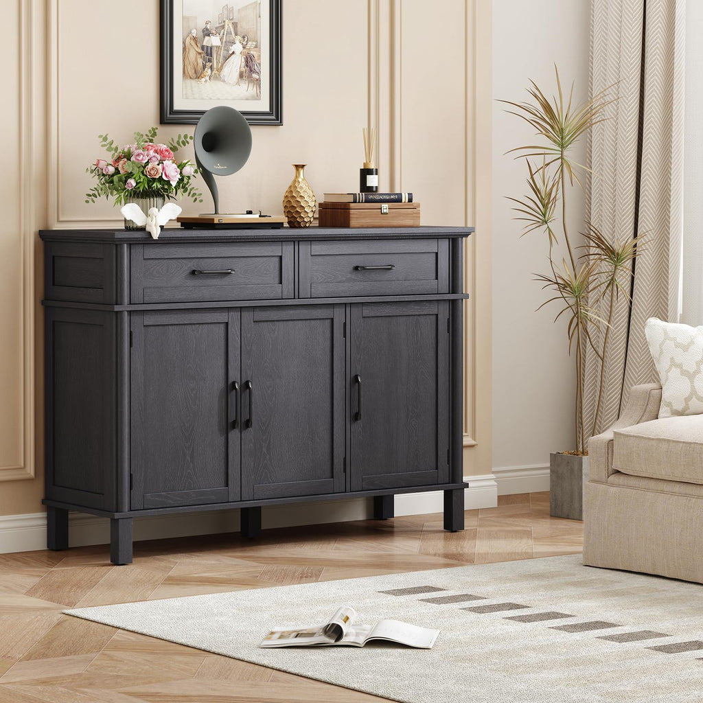 ONBRILL 48 Inches Buffet Cabinet with Storage, Farmhouse Sideboard Buffet w/2 Drawers and 3 Doors, Wood Coffee Bar Cabinet with Adjustable Shelves, Sideboard Storage for Kitchen, Living Room, Black