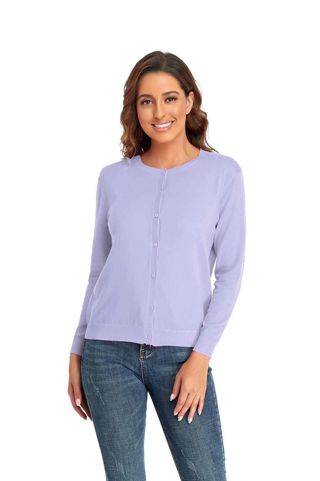 CUNYI Women's Crew Neck Cardigan Long Sleeve Sweater for Women Button Down Soft Knit Ladies Cardigan Sweates Coat