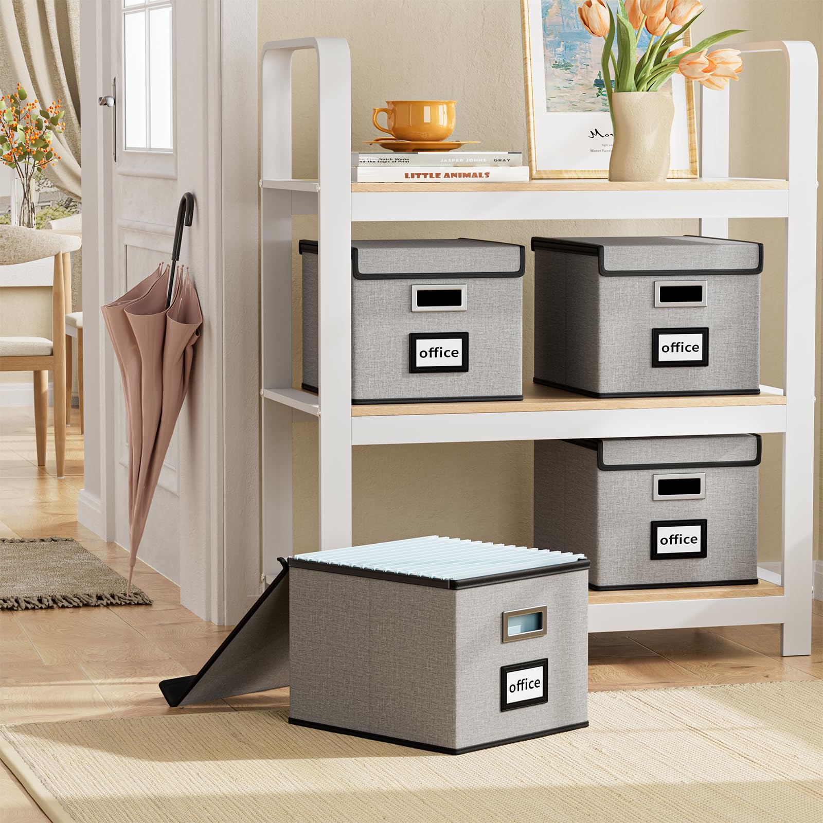 File Organizer Box with Lid, Collapsible Faux Leather Hanging File Folder Box Organizer with Plastic Slides, Decorative Home/Office Filing System Boxes for File and Folders Storage