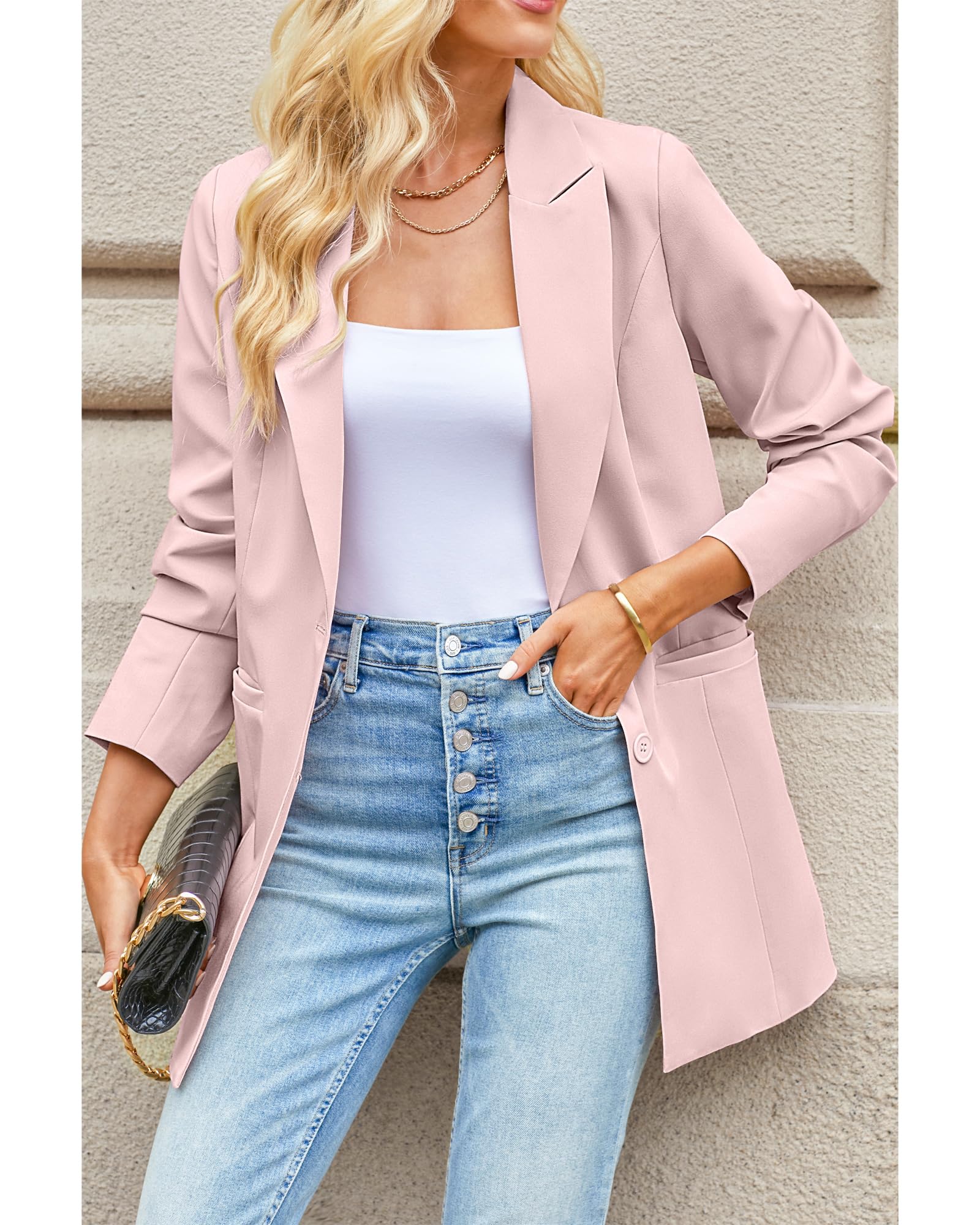 luvamia Blazers for Women Business Casual Long Blazer Jackets Dressy Work Professional Office Outfits Lapel Pockets