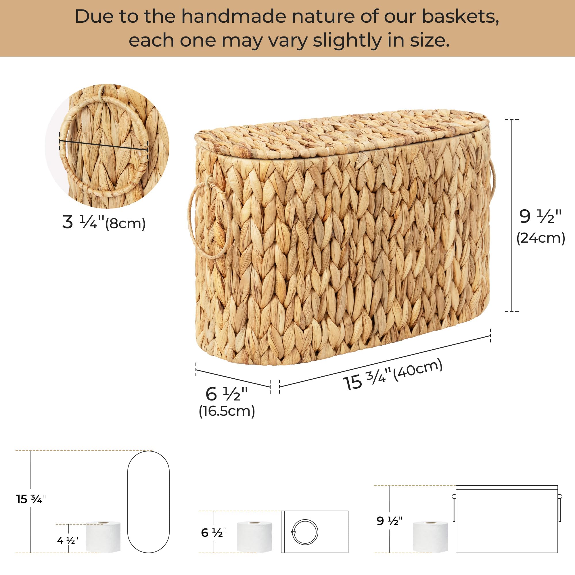 StorageWorks Bathroom Toilet Paper Storage Holder with Lid, Wicker Toilet Paper Basket for 6 Regular Rolls, Slim Basket Organizer with Handles, Water Hyacinth Storage Baskets for Bathroom, Brown