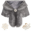 Geyoga Faux Fur Shawl Wrap Stole Shrug Winter Bridal Wedding Scarf Wrap with Faux Pearl Rhinestone Brooches for Women 1920s
