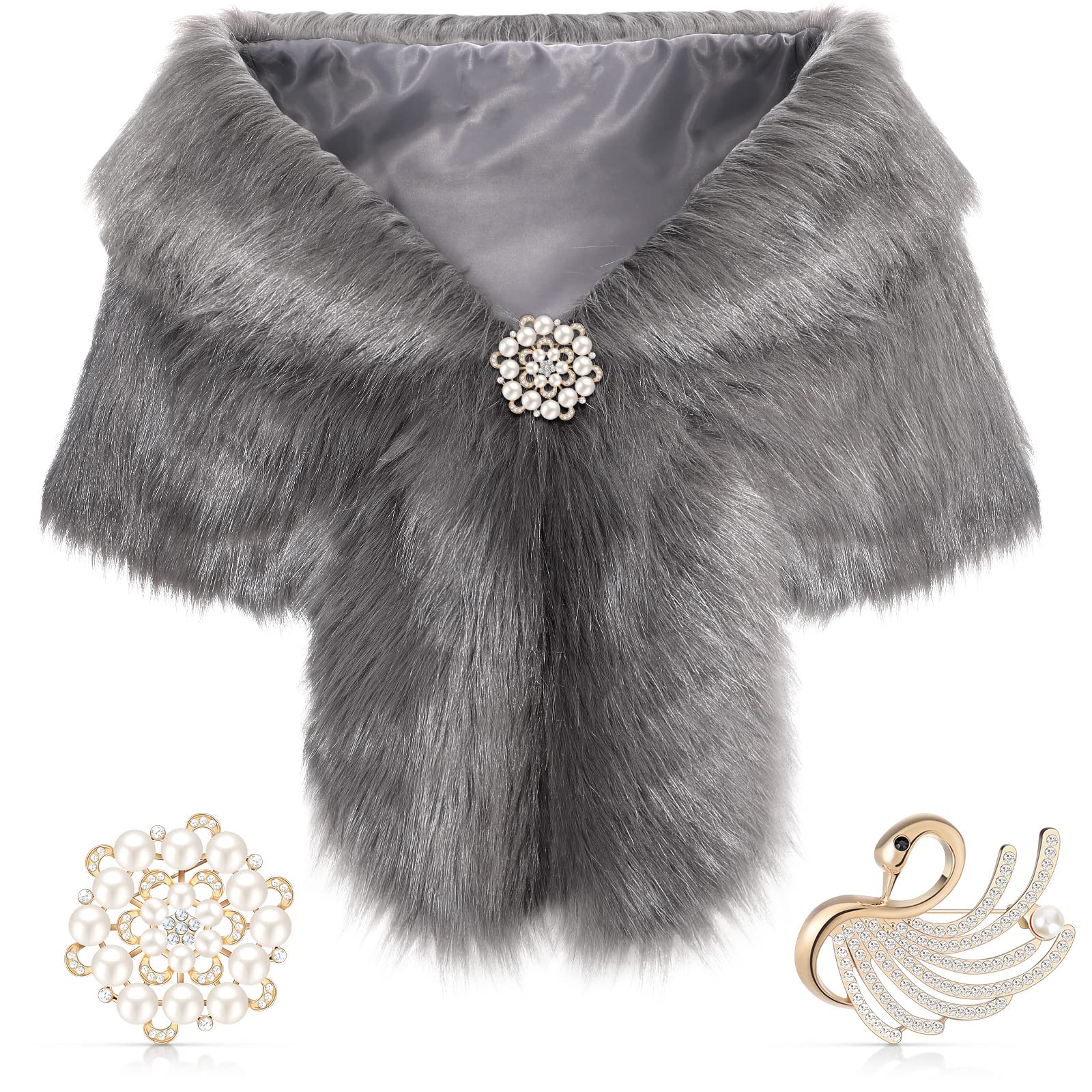 Geyoga Faux Fur Shawl Wrap Stole Shrug Winter Bridal Wedding Scarf Wrap with Faux Pearl Rhinestone Brooches for Women 1920s