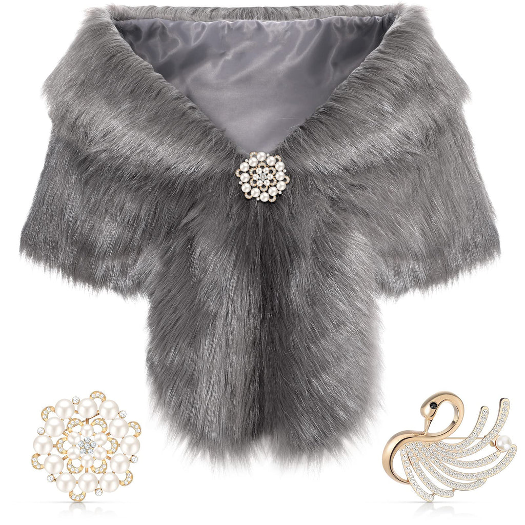 Geyoga Faux Fur Shawl Wrap Stole Shrug Winter Bridal Wedding Scarf Wrap with Faux Pearl Rhinestone Brooches for Women 1920s