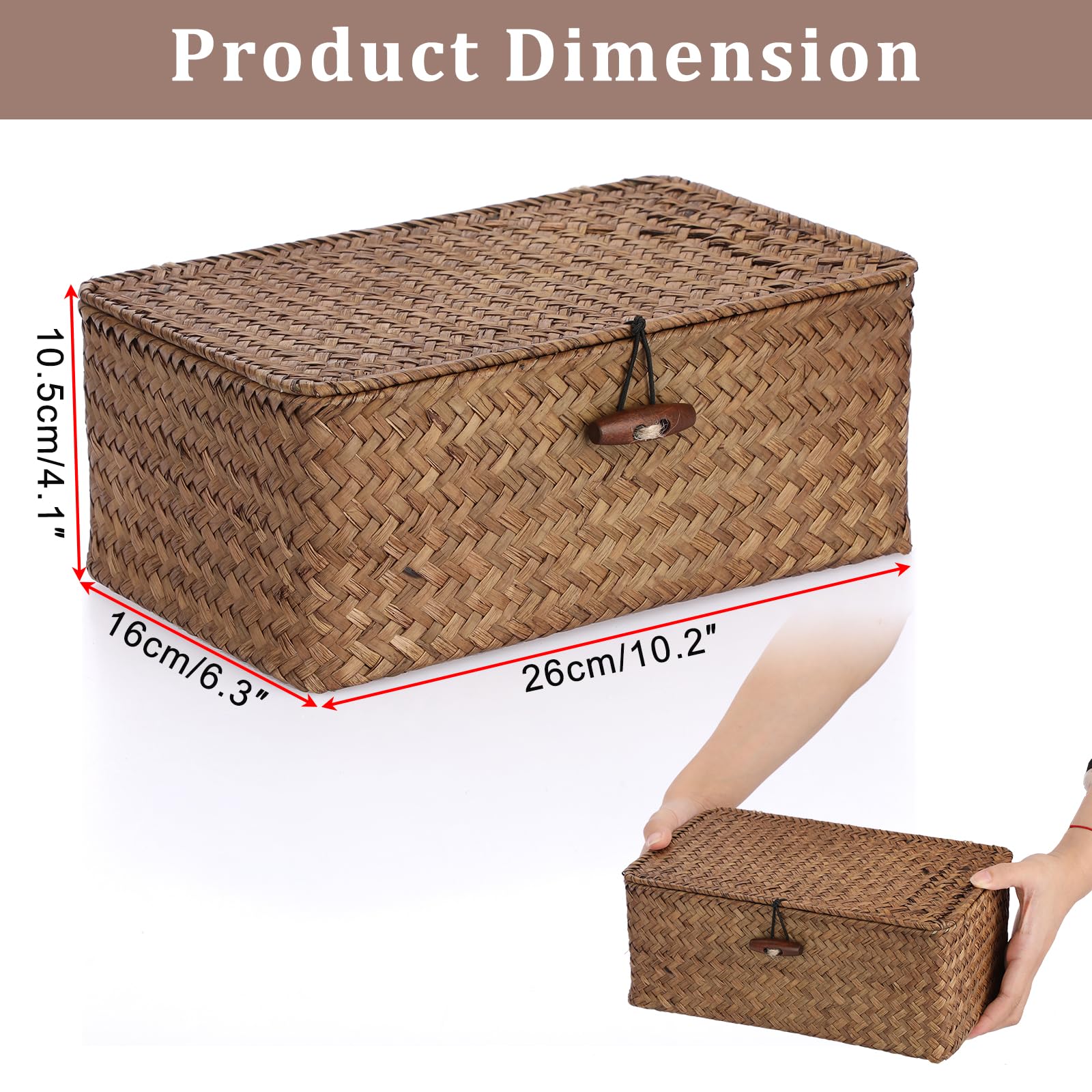 Sumnacon Wicker Basket with Lid Rectangle Woven Baskets for Toiletries Tampon Storage,Wicker Storage Basket with Lid,Decorative Seagrass Storage Baskets for Shelf Bathroom Toilet Table, Caramel