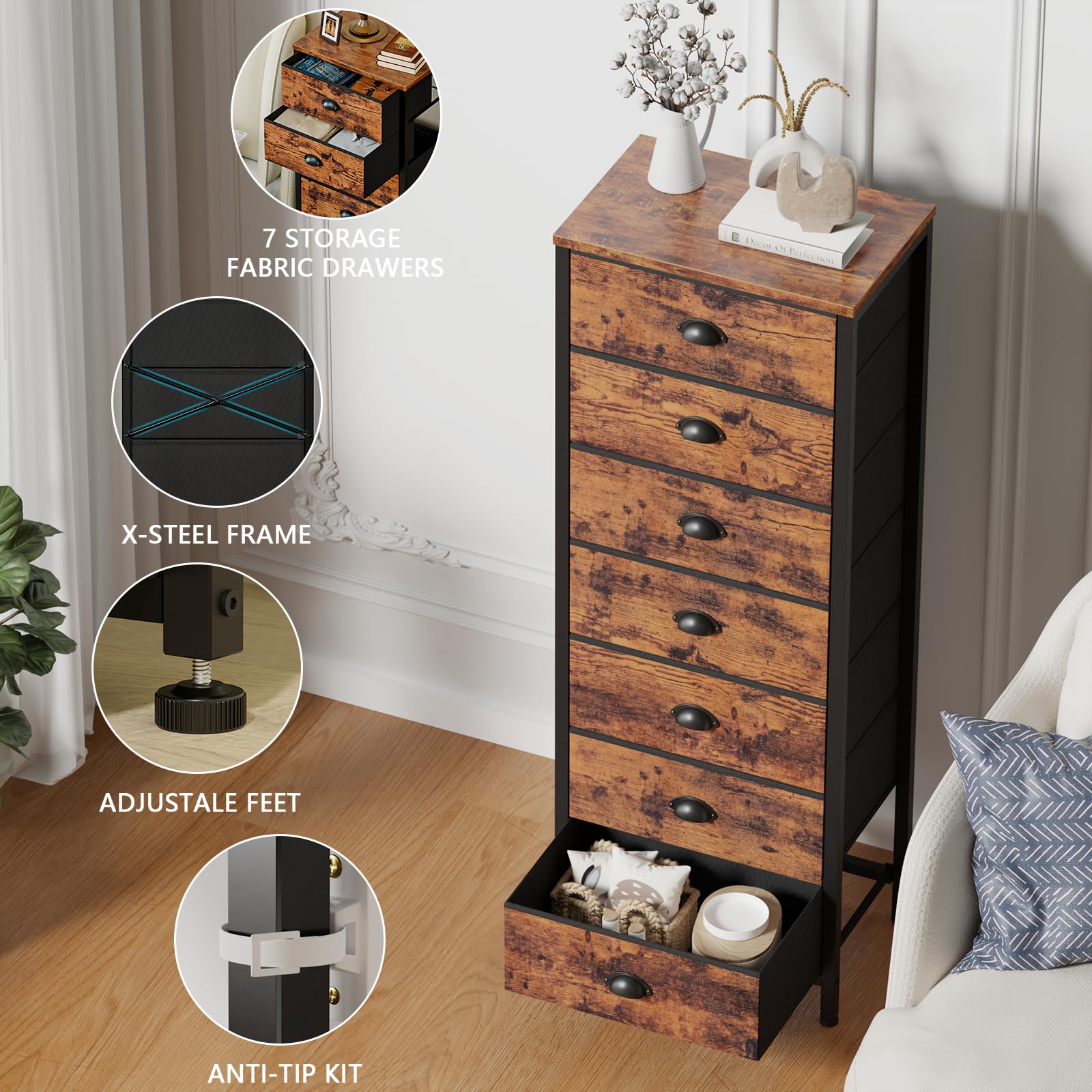 Furnulem Tall Dresser with 6 Drawers,Vertical Bedside End Table & Chest for Bedroom,Black Storage Tower Dorm Nightstand with Fabric Drawer Organizer Unit Furniture in Living Room,Closet,Hallyway