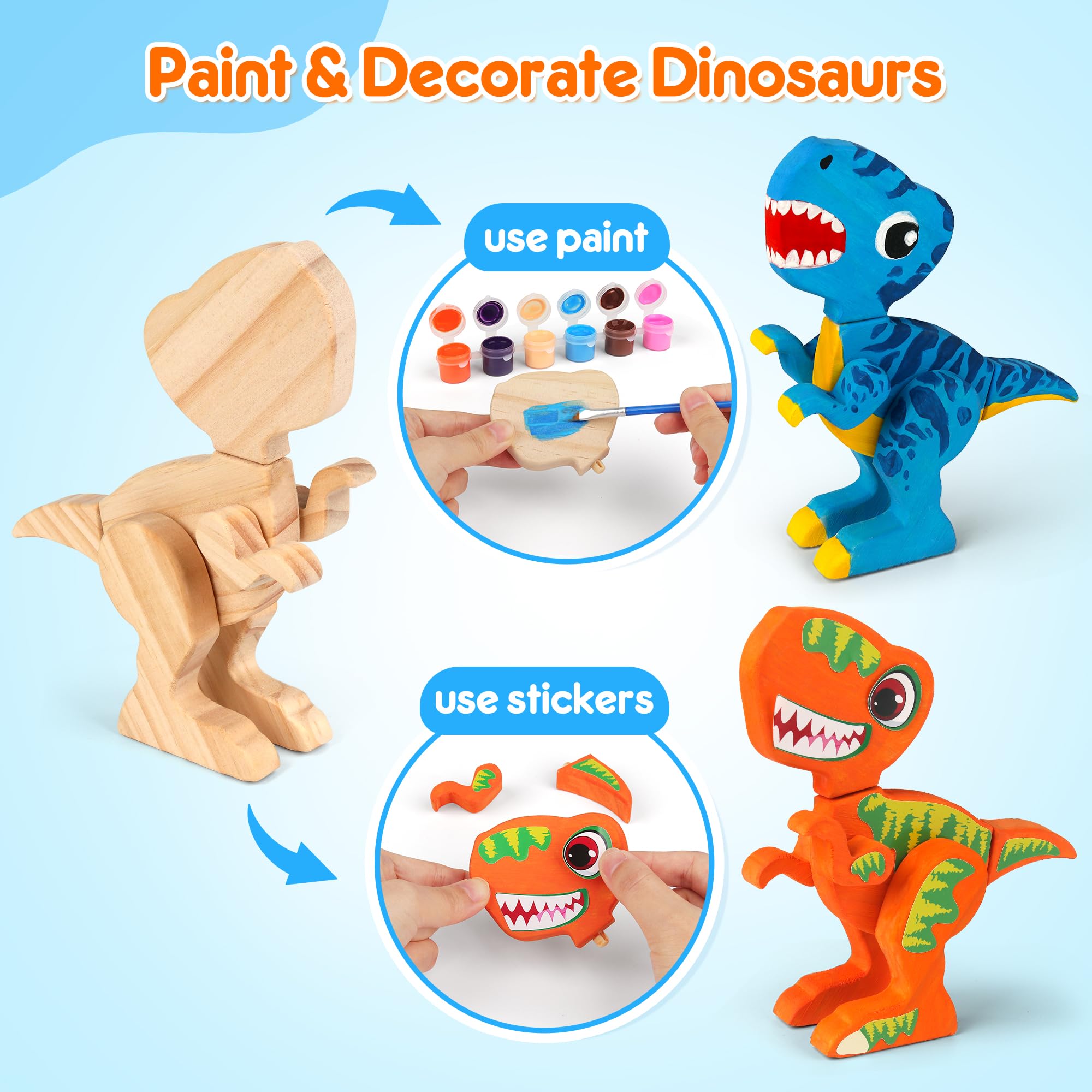 Mocoosy Wooden Dinosaur Painting Art and Craft Kit for Kids 4-8, Build & Decorate Your Own Dinos with Paint & Stickers, Wood Dinosaur Builder Game Montessoi Educational Toy Gift Toddler Boys Girls 3-5