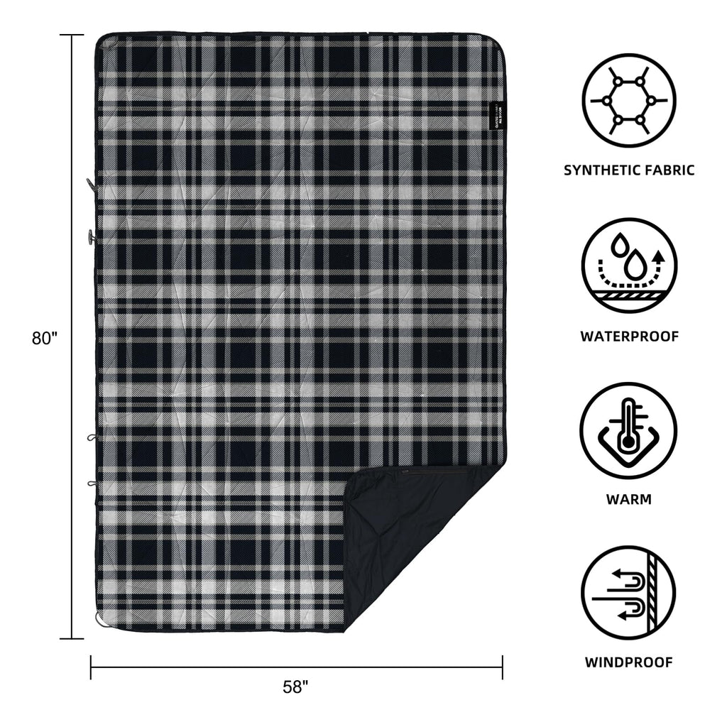 Large Outdoor Waterproof Blanket Extra Thick Fleece Stadium Blanket for Camping, Car, Pet, Picnics - Windproof, Wearable, Machine Washable 80" x 58" (Black Check)