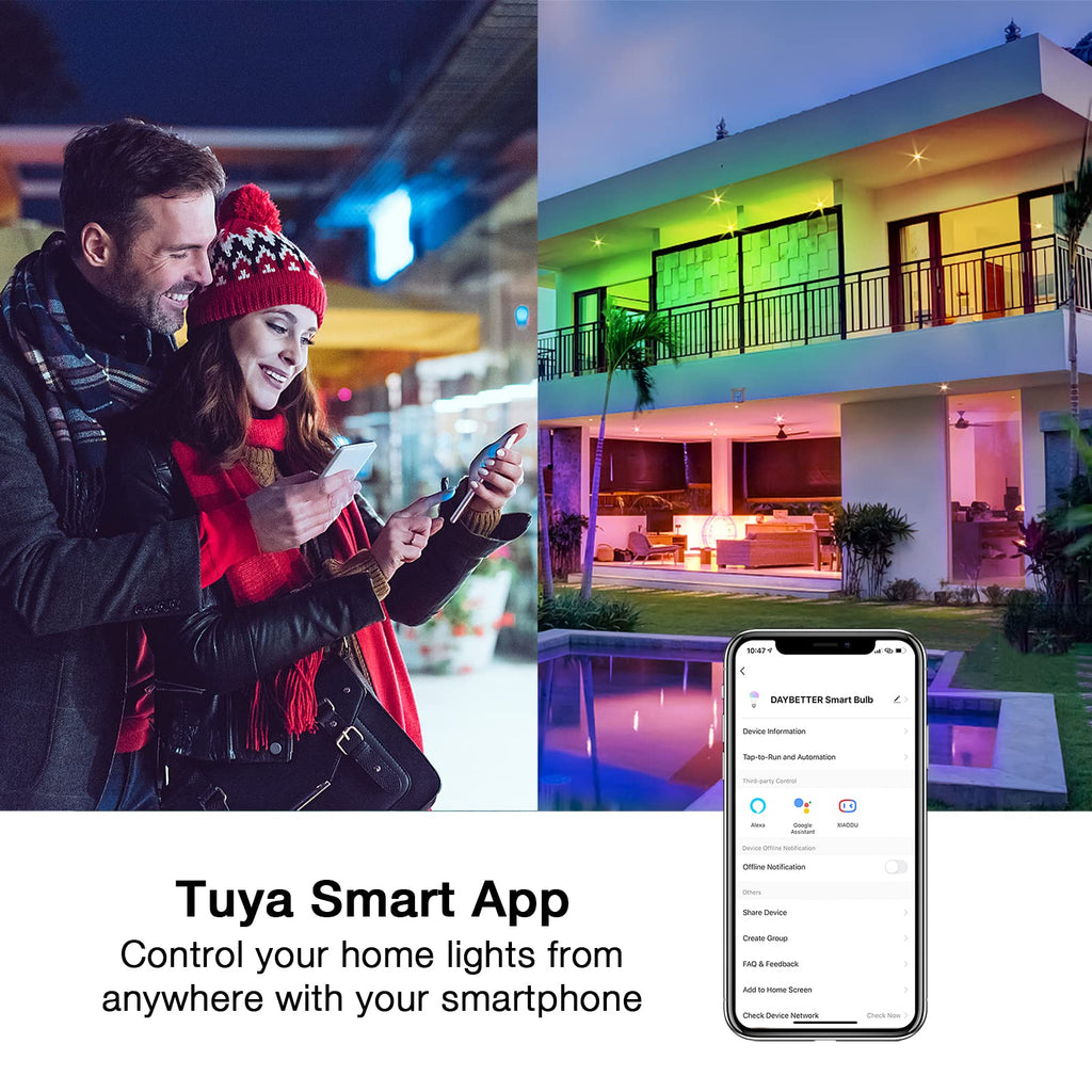 DAYBETTER Tuya Smart Light Bulbs, RGBCW Wi-Fi Color Changing Led Bulbs Compatible with Alexa & Google Home Assistant, A19 E26 9W 800LM Multicolor Led Light Bulb, No Hub Required, Light Bulbs 4 Pack