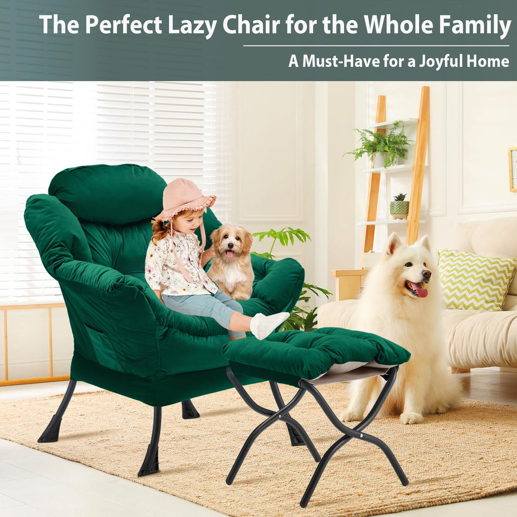 Youtanic Lazy Chair with Folding Ottoman, Accent Chair Velvet Upholstered with Metal Structure and Non-Slip Pads, Sofa Armchair with Footrest and Side Storage Bag for Dorm, Room, Office, Beige