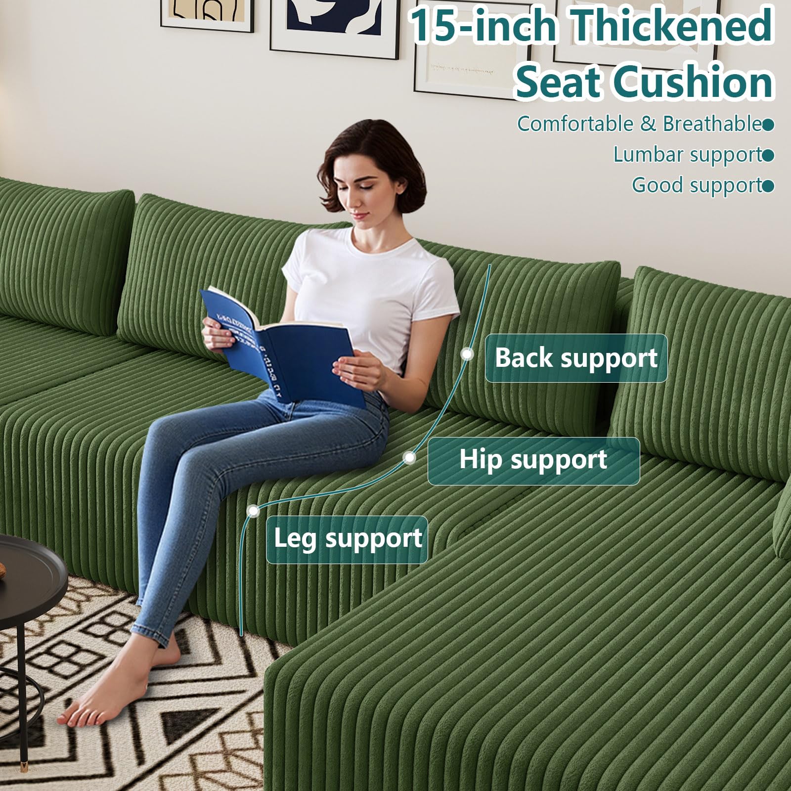 Lakifun 107" L-Shape Sofa with Ottoman, Modern Modular Sectional Comfy U-Shape Cloud Couch, Deep Seat, Upholstered Corduroy Sleeper Chaise Longue for Living Room Bedroom, No Assembly Required, Black