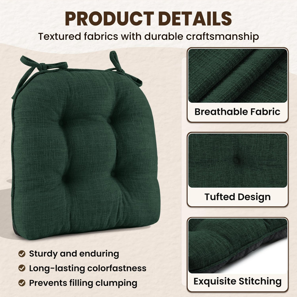 downluxe Indoor Chair Cushions for Dining Chairs, Tufted Overstuffed Textured Kitchen Chair Pads with Ties and Non-Slip Backing, 15.5" x 15.5" x 4", Aqua Blue, 4 Pack