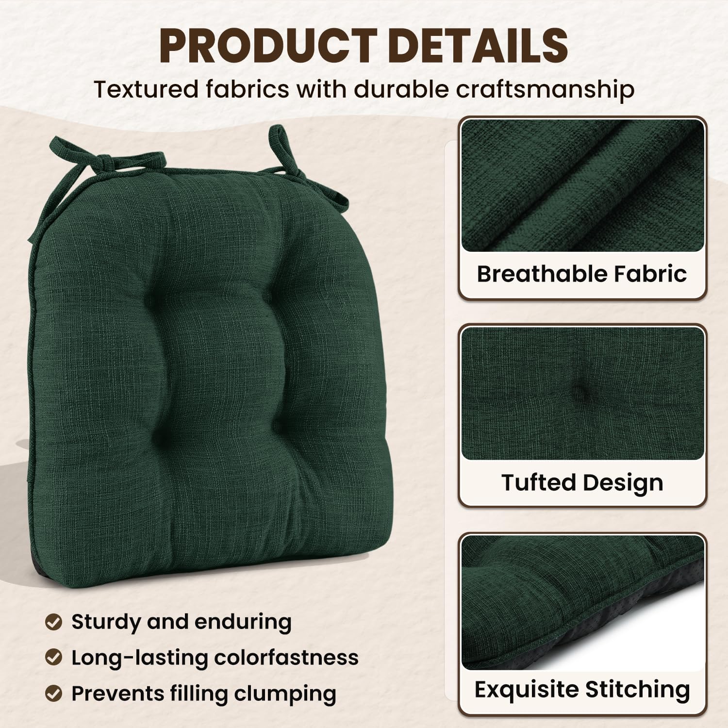 downluxe Indoor Chair Cushions for Dining Chairs, Tufted Overstuffed Textured Kitchen Chair Pads with Ties and Non-Slip Backing, 15.5" x 15.5" x 4", Aqua Blue, 4 Pack