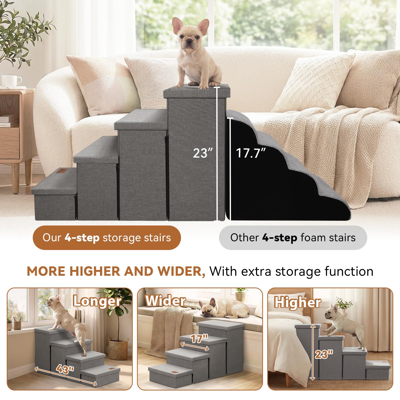 Zerbuger Dog Stairs with Condo 15" H, 2-Step Wider Dog Steps for Small/Medium/Large Old Dogs Cats, Folding Sturdy Storage Pet Stairs Climbing Bed Couch, Ramp for Car Hold Up to 150 lbs, Beige