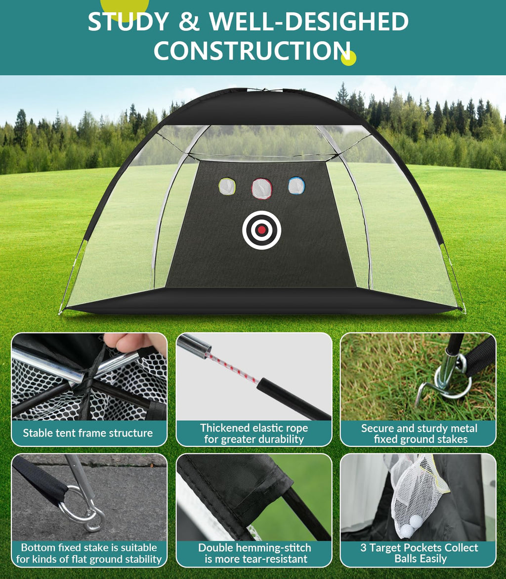Golf Net: 10x7FT Golf Practice Net for Backyard Driving, Hitting Net with Tri-Turf Mat, Indoor Training Chipping Aid Nets with Reduce Noise Nylon Target, Gifts for Men/Dad/Him