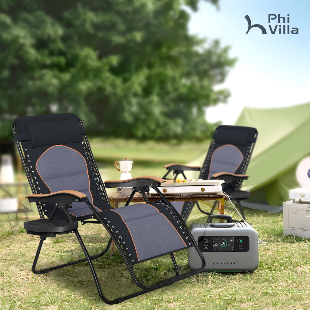PHI VILLA XXL Oversized Padded Zero Gravity Chair Set of 2, Foldable Patio Recliner, 30" Wide Seat Anti Gravity Lounger with Armrest and Cup Holder, Support 400 LBS (Aqua Blue)