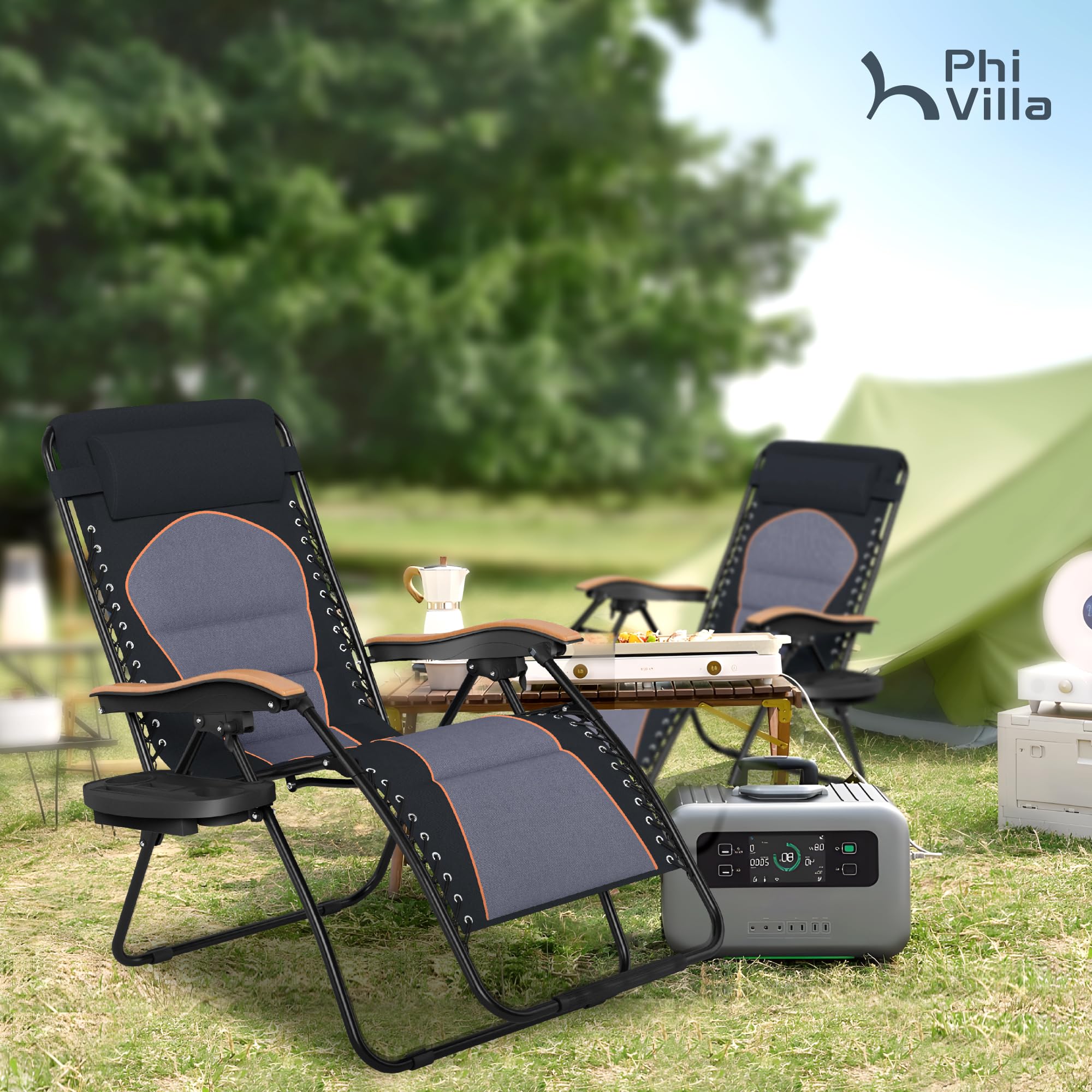 PHI VILLA XXL Oversized Padded Zero Gravity Chair Set of 2, Foldable Patio Recliner, 30" Wide Seat Anti Gravity Lounger with Armrest and Cup Holder, Support 400 LBS (Aqua Blue)