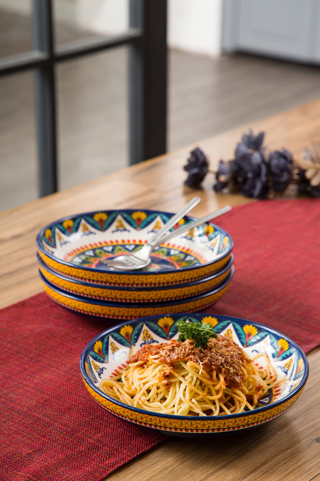 Bico Blue Talavera Pasta Bowls, 35oz Salad Bowl Set of 4, Large Ceramic Serving Dinner Bowls for Soup and Cereal, Microwave and Dishwasher Safe, Gift for Housewarming and Thanksgiving