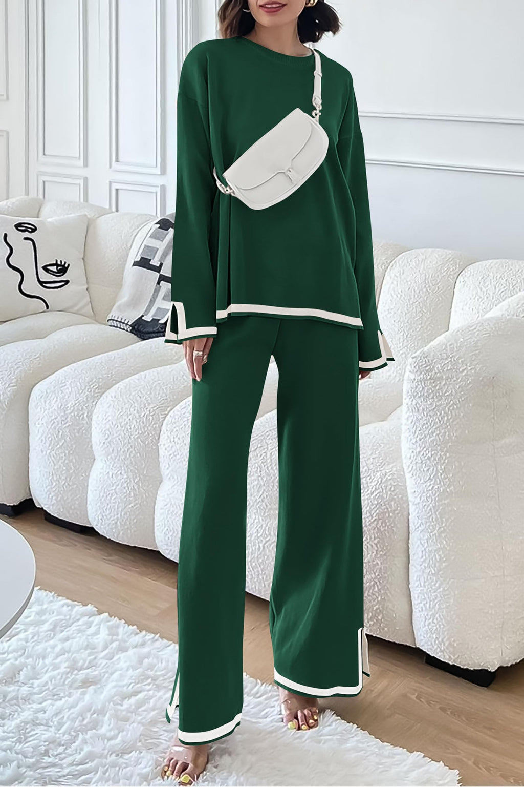 PRETTYGARDEN Women's 2 Piece Knit Sweater Set Travel Outfits | Long Sleeve Tops, Wide Leg Pants, Soft Matching Sweat Track Suits, Casual Fall Winter Clothes for Brunch, Going Out & Cruise