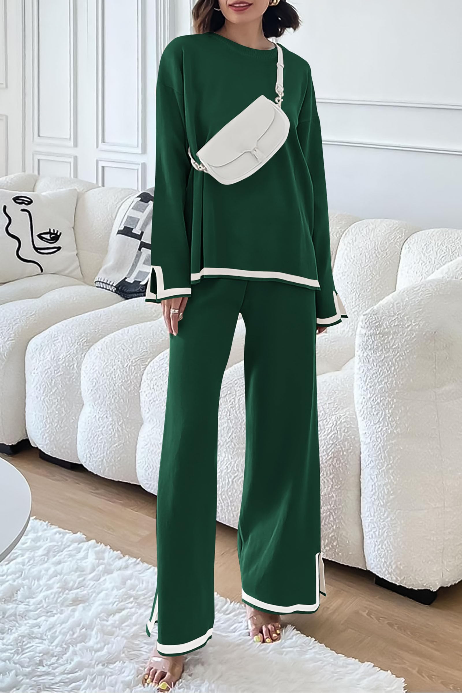 PRETTYGARDEN Women's 2 Piece Knit Sweater Set Travel Outfits | Long Sleeve Tops, Wide Leg Pants, Soft Matching Sweat Track Suits, Casual Fall Winter Clothes for Brunch, Going Out & Cruise