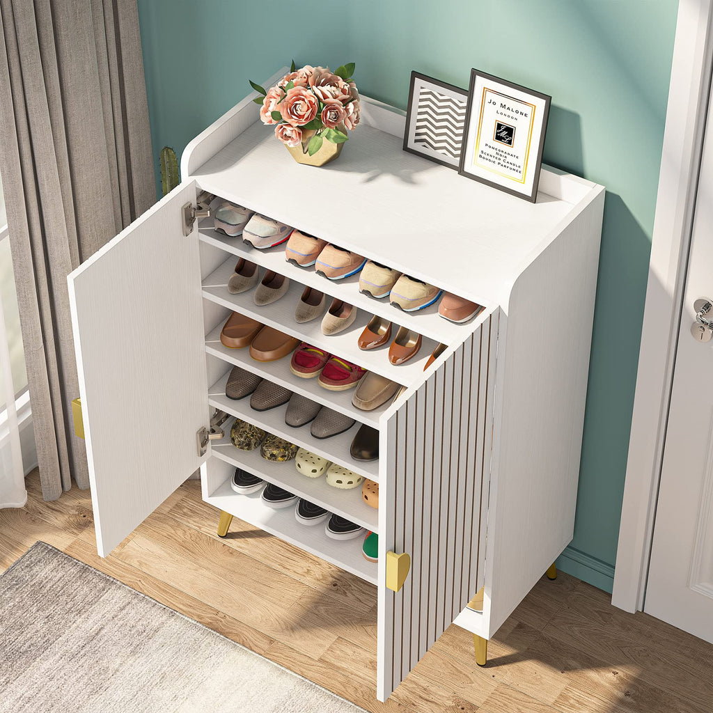 Tribesigns Shoe Cabinet with Doors, 7-Tier Shoe Storage Cabinet with Adjustable Shelves, Wooden Shoes Rack Shoe Storage Organizer for Entryway, Hallway, Closet, Living Room, Black