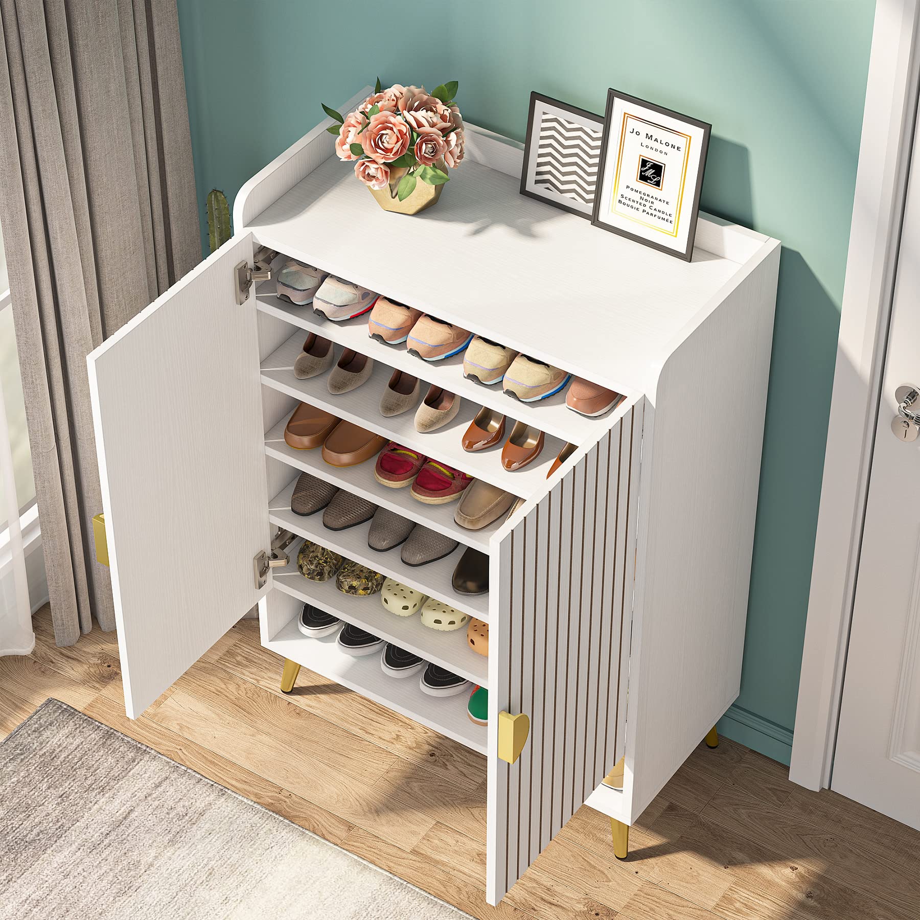 Tribesigns Shoe Cabinet with Doors, 7-Tier Shoe Storage Cabinet with Adjustable Shelves, Wooden Shoes Rack Shoe Storage Organizer for Entryway, Hallway, Closet, Living Room, Black