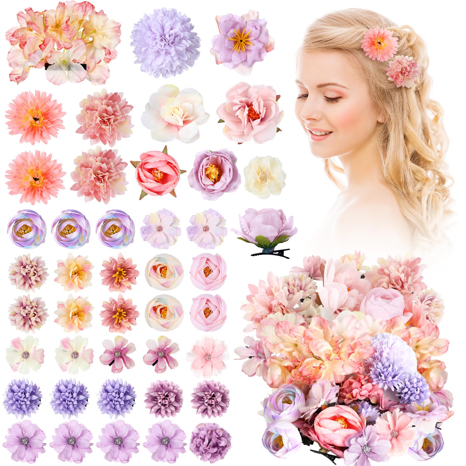 BBTO Flower Hair Clip Rose Hair Clips Barrettes for Women Flower Accessories Boho Bride Claw Clip Hairpin Brooch Pin Headpiece for Wedding(Beige Orange Series,21 Pcs)
