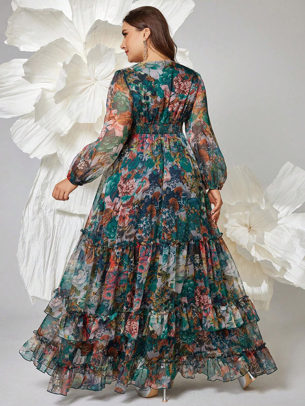 Spring Summer 2024 Plus Size Womens Dresses V Neck Casual Elegant Long Sleeve Floral Print Maxi Dress
