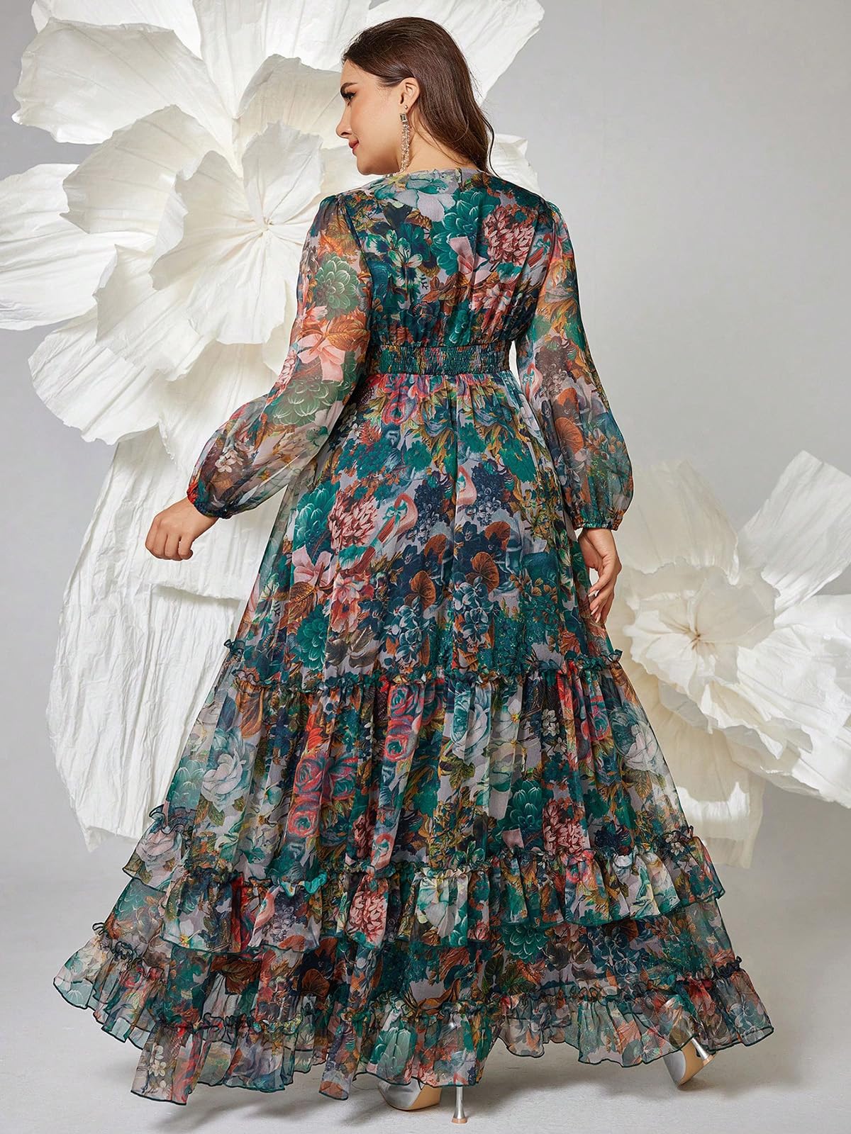 Spring Summer 2024 Plus Size Womens Dresses V Neck Casual Elegant Long Sleeve Floral Print Maxi Dress