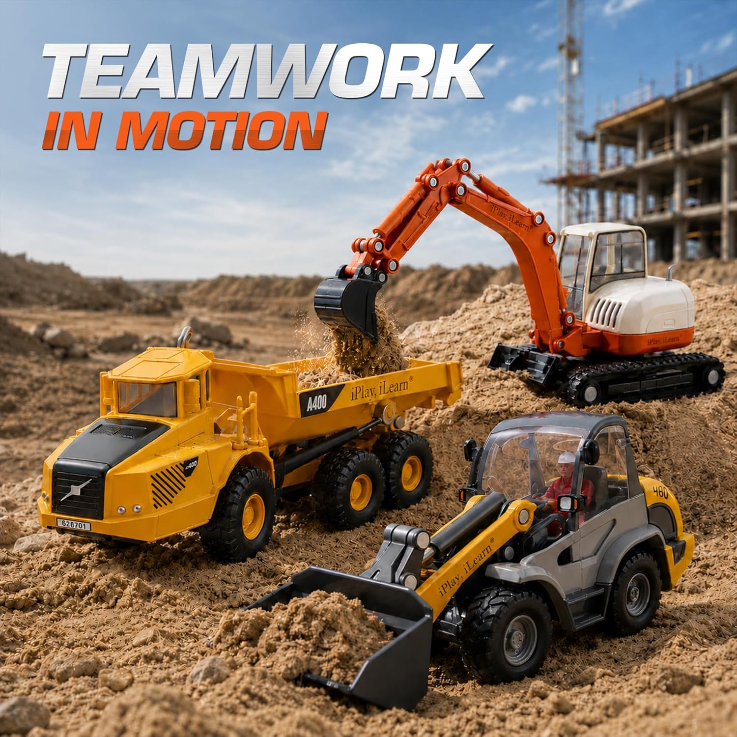 iPlay, iLearn Heavy Duty Construction Site Playset, Metal Dump Truck, Excavator Digger Backhoe, Tractor Bulldozer Diecast Vehicle, Outdoor Sandbox Car Toy, Birthday Gift 3 4 5 Year Old Boy Kid Toddler