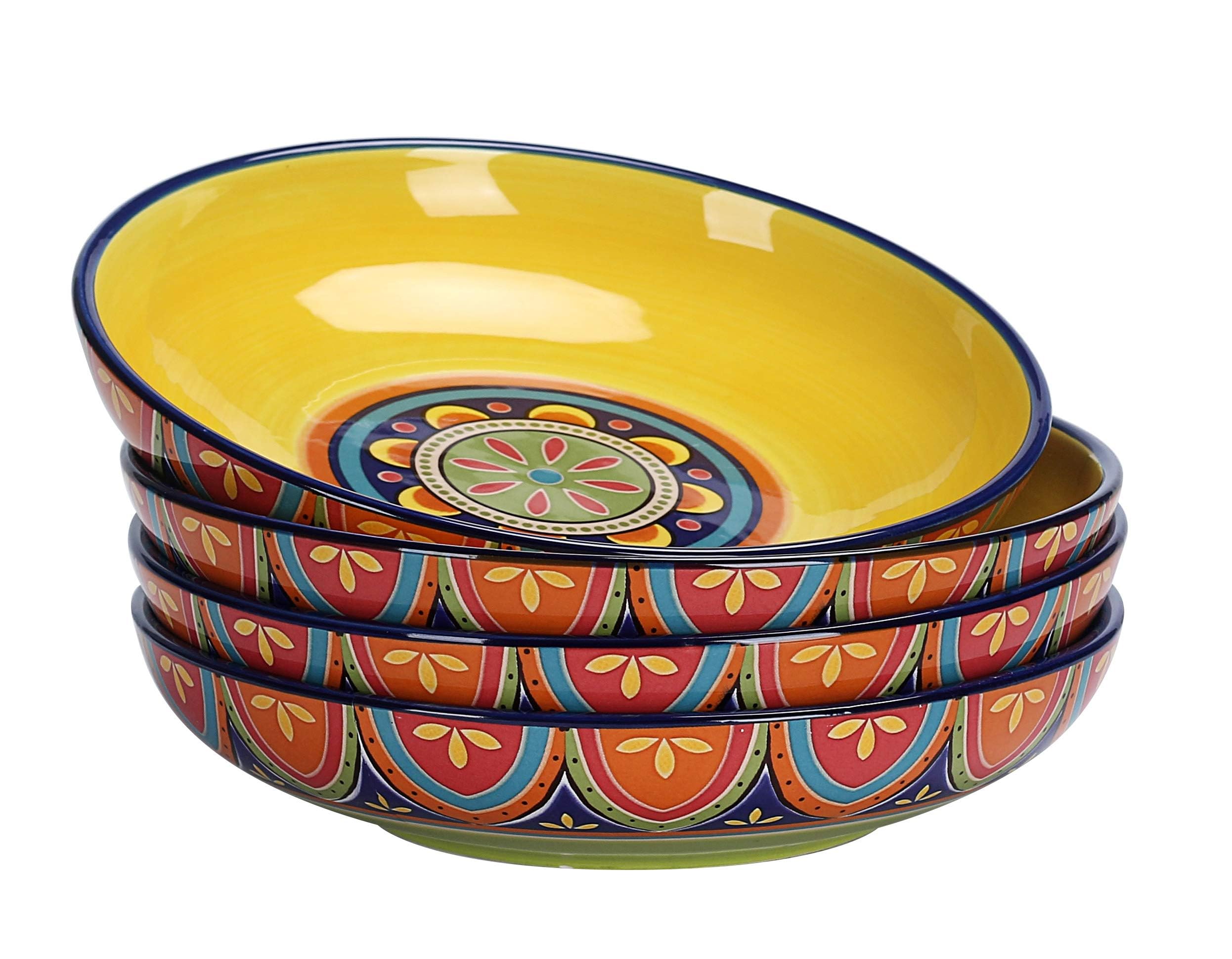 Bico Blue Talavera Pasta Bowls, 35oz Salad Bowl Set of 4, Large Ceramic Serving Dinner Bowls for Soup and Cereal, Microwave and Dishwasher Safe, Gift for Housewarming and Thanksgiving