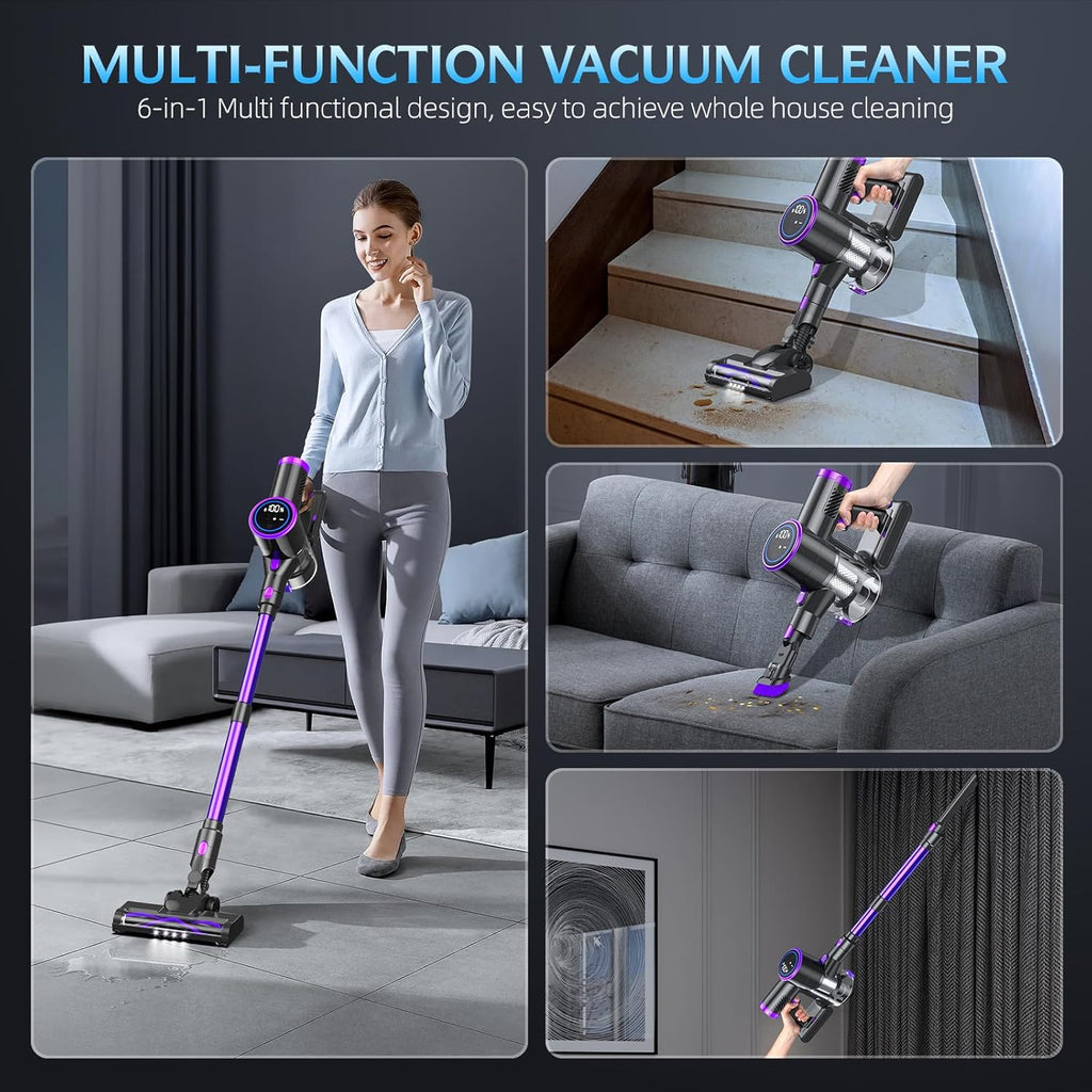 Bieiao Cordless Vacuum Cleaner, Stick Vacuum with LED Display, 2 Modes 6 in 1 Lightweight Rechargeable Cordless Stick Vacuum with 40Min Detachable Battery Vacuum Cleaner for Home Hard Floor Carpet