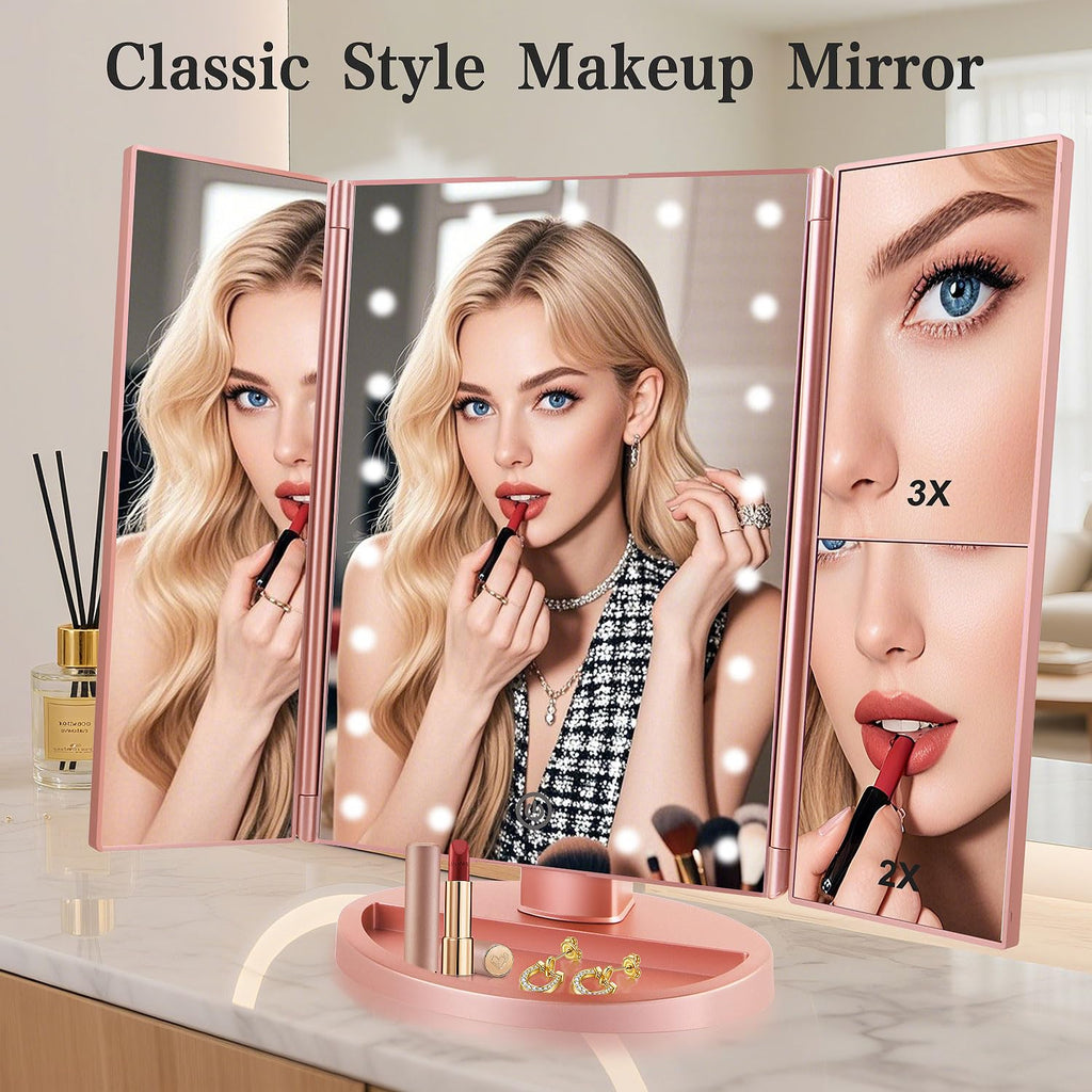 Flymiro Tri-fold Lighted Vanity Makeup Mirror with 3x/2x Magnification,Light up Mirror for Makeup,Touch Screen 21 LEDs,180° Rotation Countertop Cosmetic Mirror,Gifts for Women Mom Teen Girls