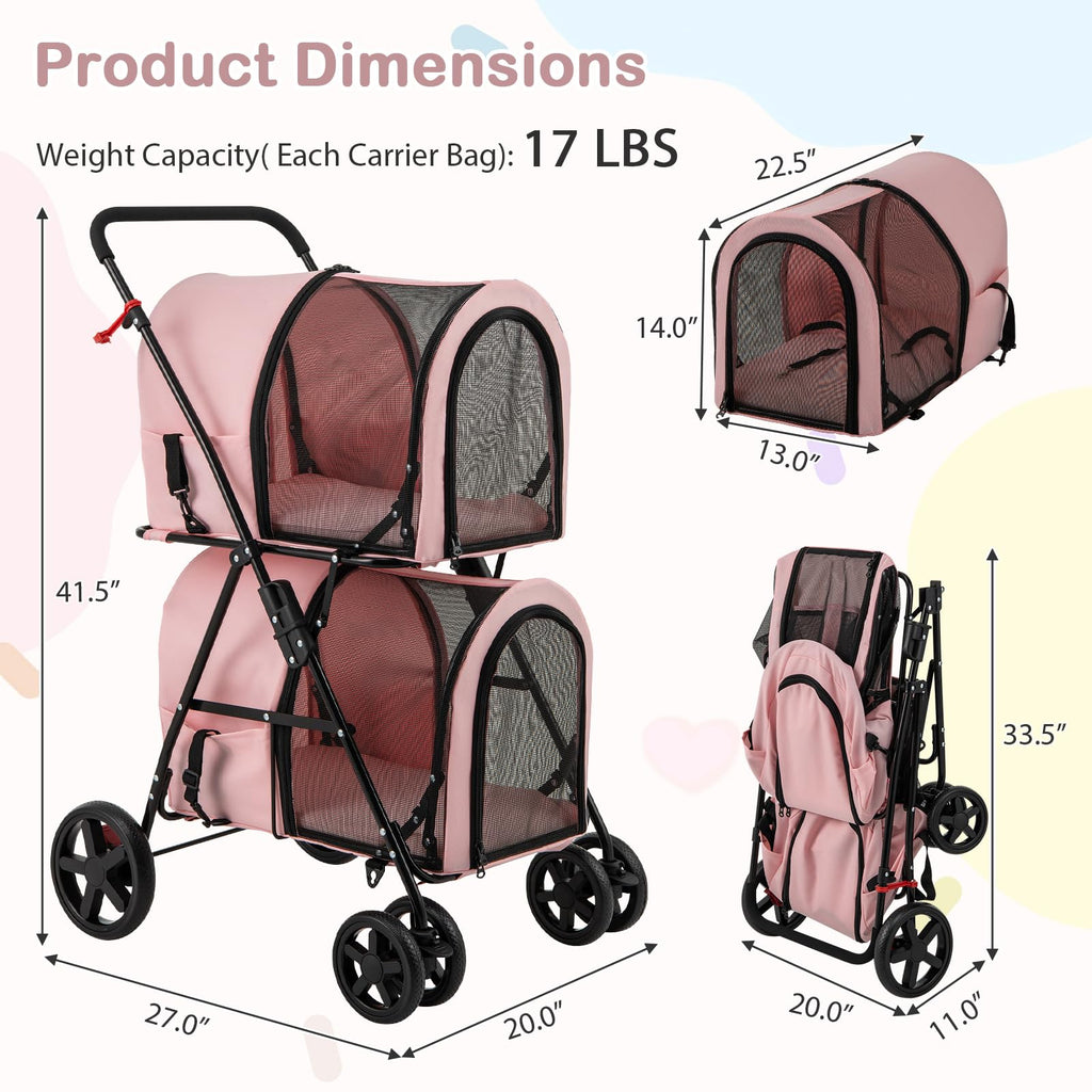 Giantex Double Pet Stroller with 2 Detachable Carrier Bags, Safety Belt, 4 Lockable Wheels, Folding Cat & Dog Stroller for Small Medium Pets, Cats Dogs Puppy Travel Strolling Cart (Beige)