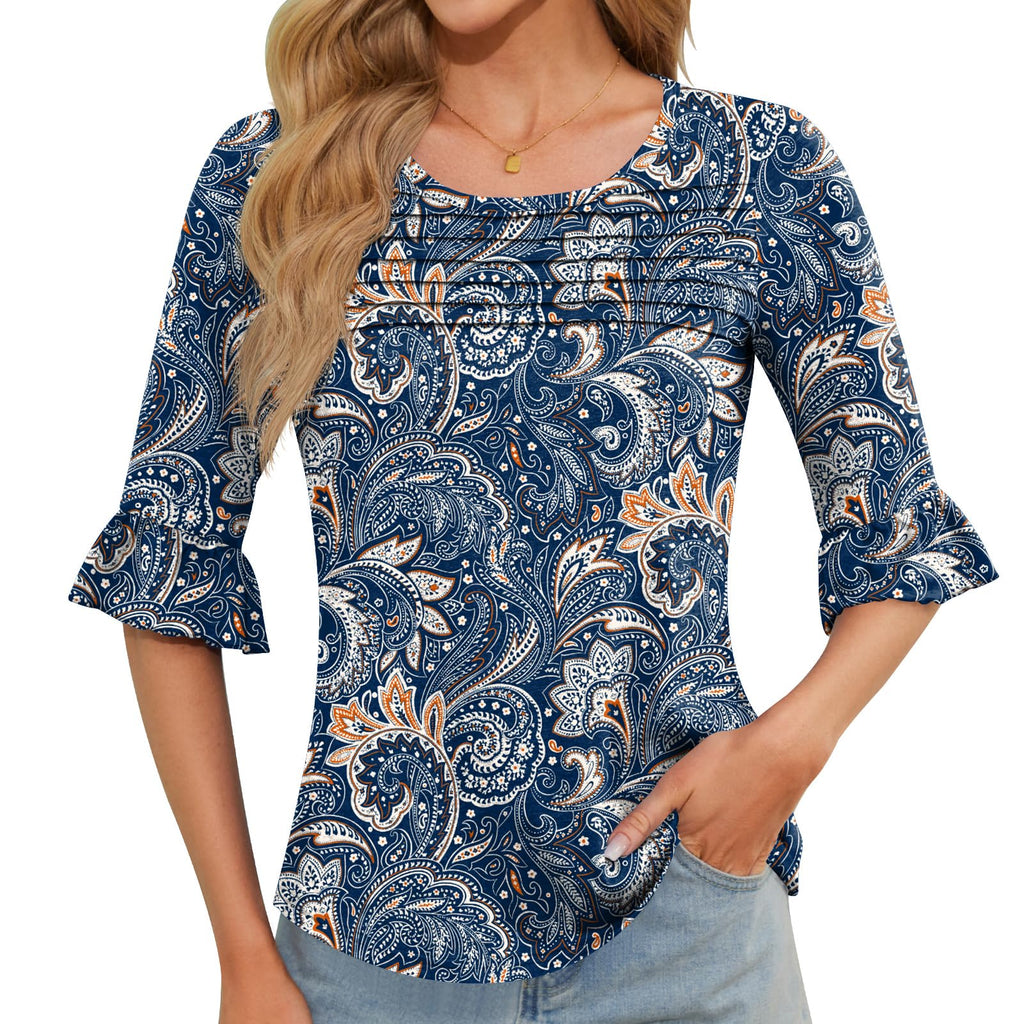Blingfit Womens Tops 3/4 Length Sleeve Dressy Casual Shirts Bell Sleeve Front Pleated Fasion Trendy Summer Blouses 2026