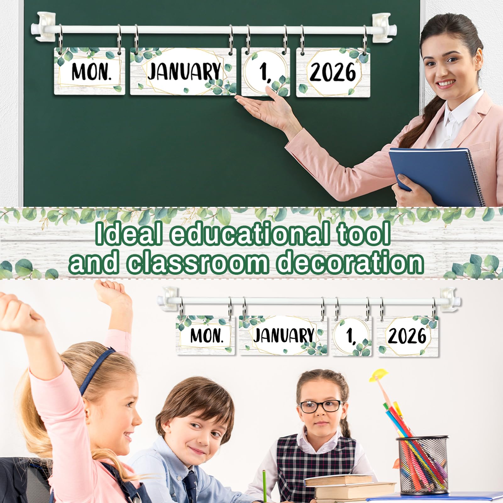 Boho Flip Calendar for Classroom Bulletin Board Set Boho Rainbow Calendar Class Whiteboard Decor with 2026 to 2030 Years Date Cards and Adjustable Rod for Home Elementary School Teacher Supplies