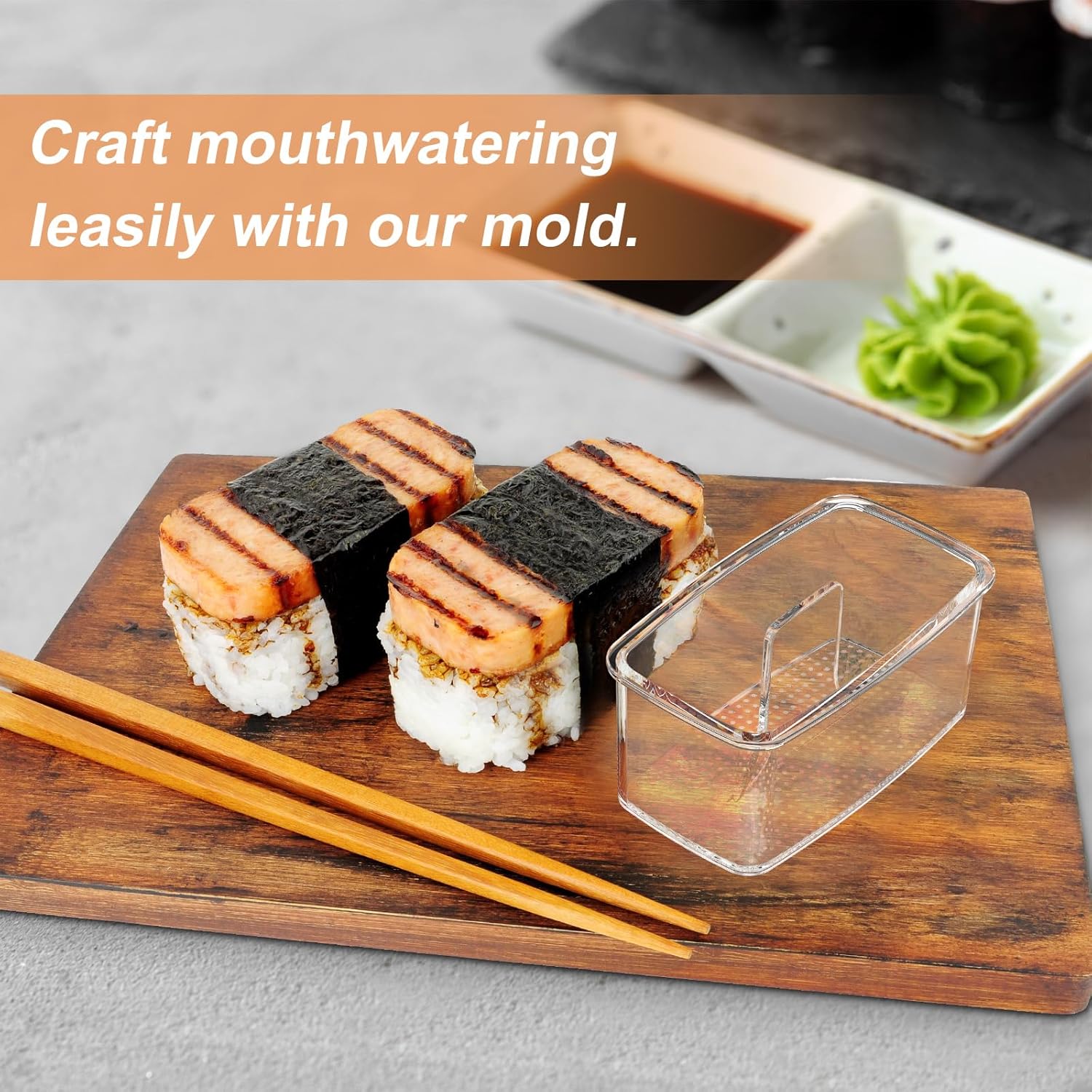 3-Piece Clear Musubi Maker Kit with Luncheon Meat Slicer - Non-Stick Onigiri Press Mold, BPA-Free Sushi Mold for Hawaiian Musubi