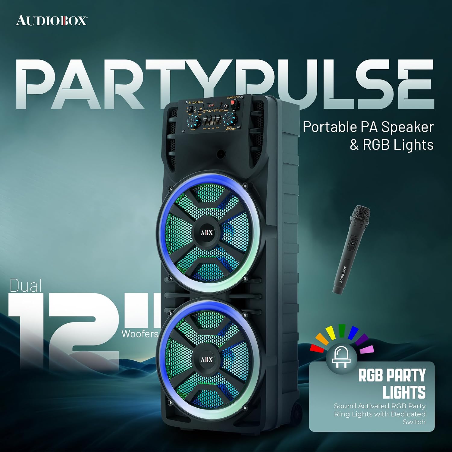 Audiobox ABX-214R Portable Bluetooth Speaker Karaoke Machine - Dual 12" Woofers, RGB Party Lights, AUX, Lightweight with Loud Bass, Singing Machine with Bluetooth & Wireless Microphone - 37-Inch Tall