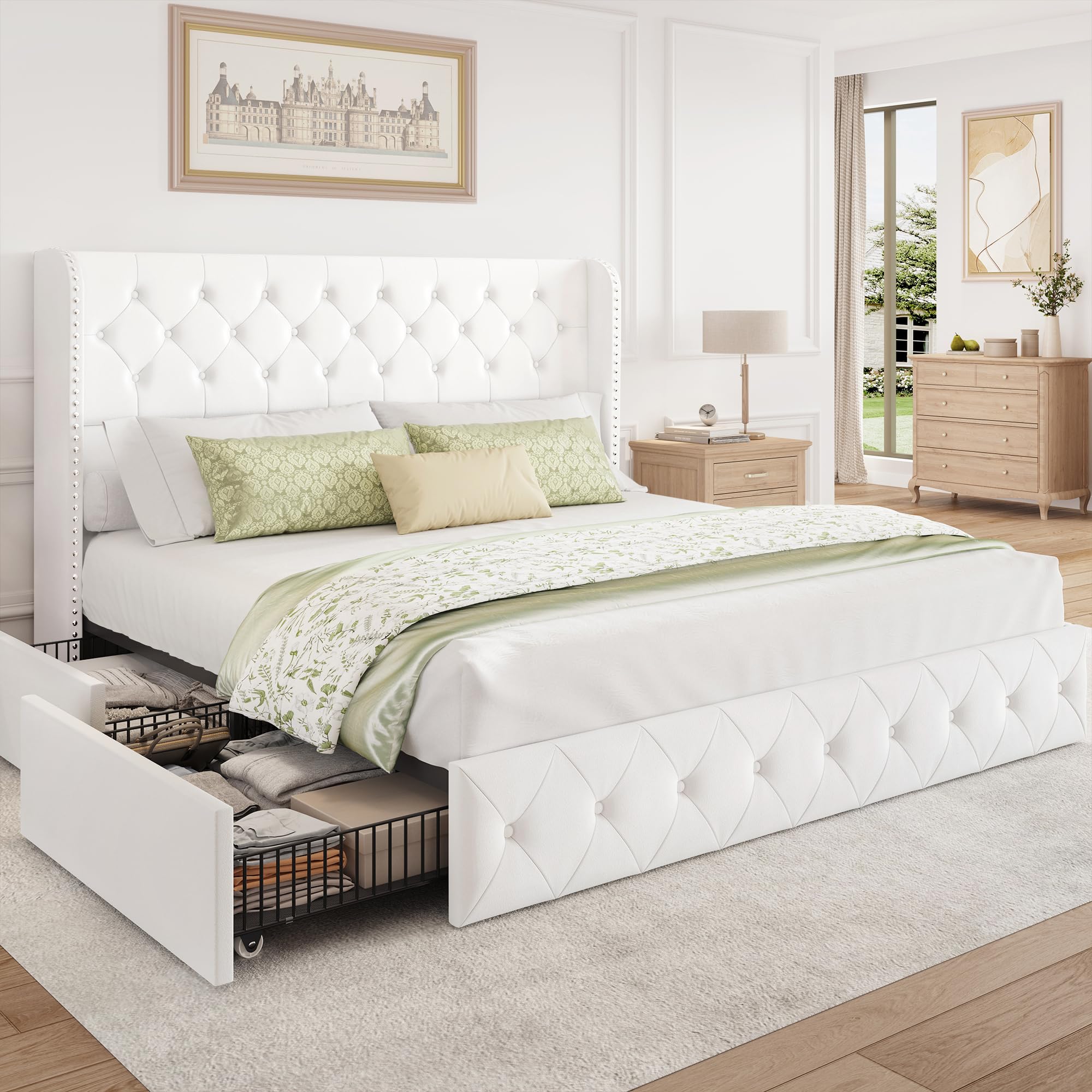 BRELTAM Full Size Bed Frame with Storage Drawers and Wingback Headboard Linen Upholstered Platform Bed Frame Tufted Beds with Heavy Duty Wood Slats, Noise Free, Easy Assembly, Beige